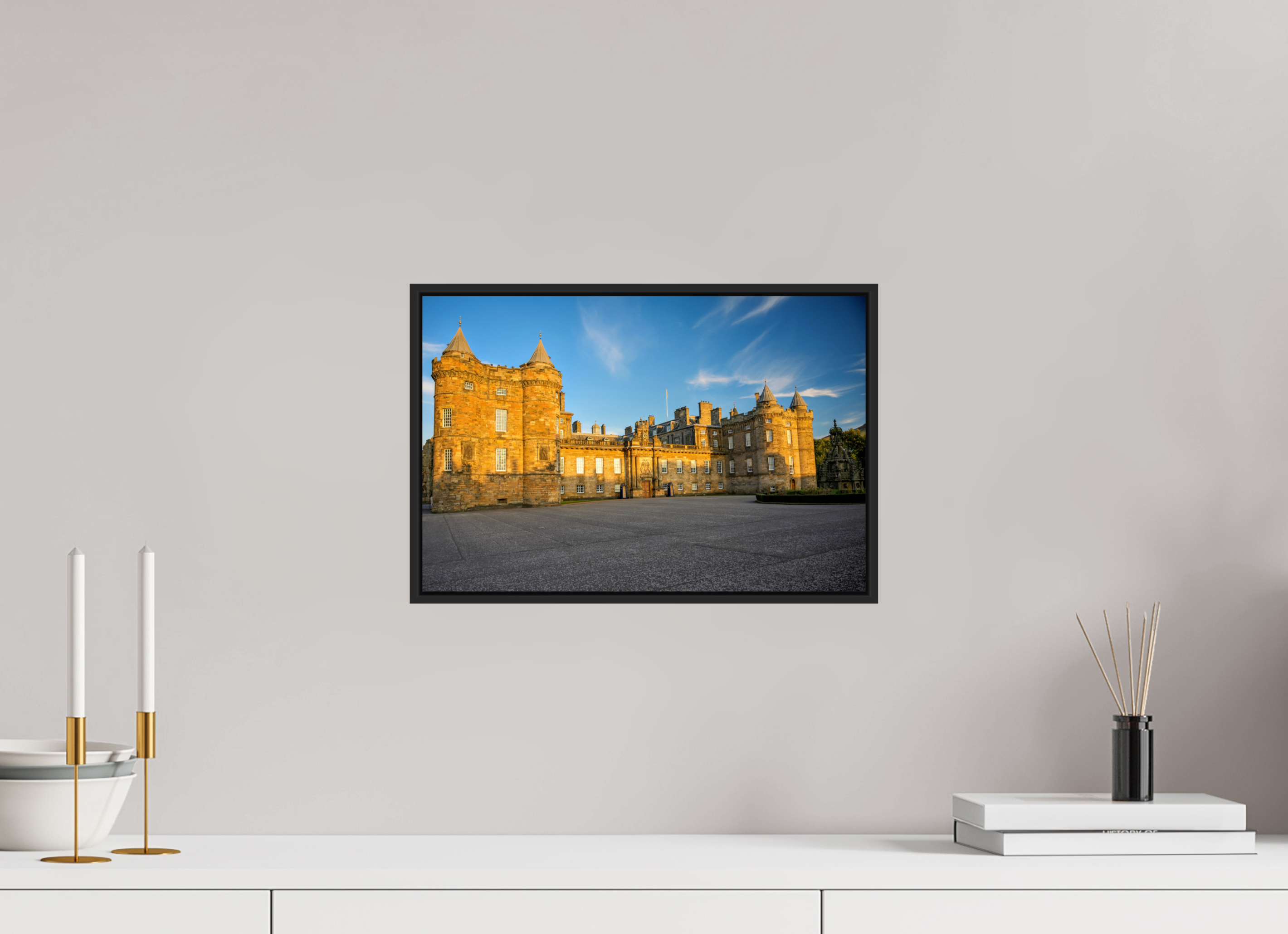 15 x 10″, Acrylic Glass Black matt .24" frame Holyrood Palace at sunset under acrylic glass with black frame