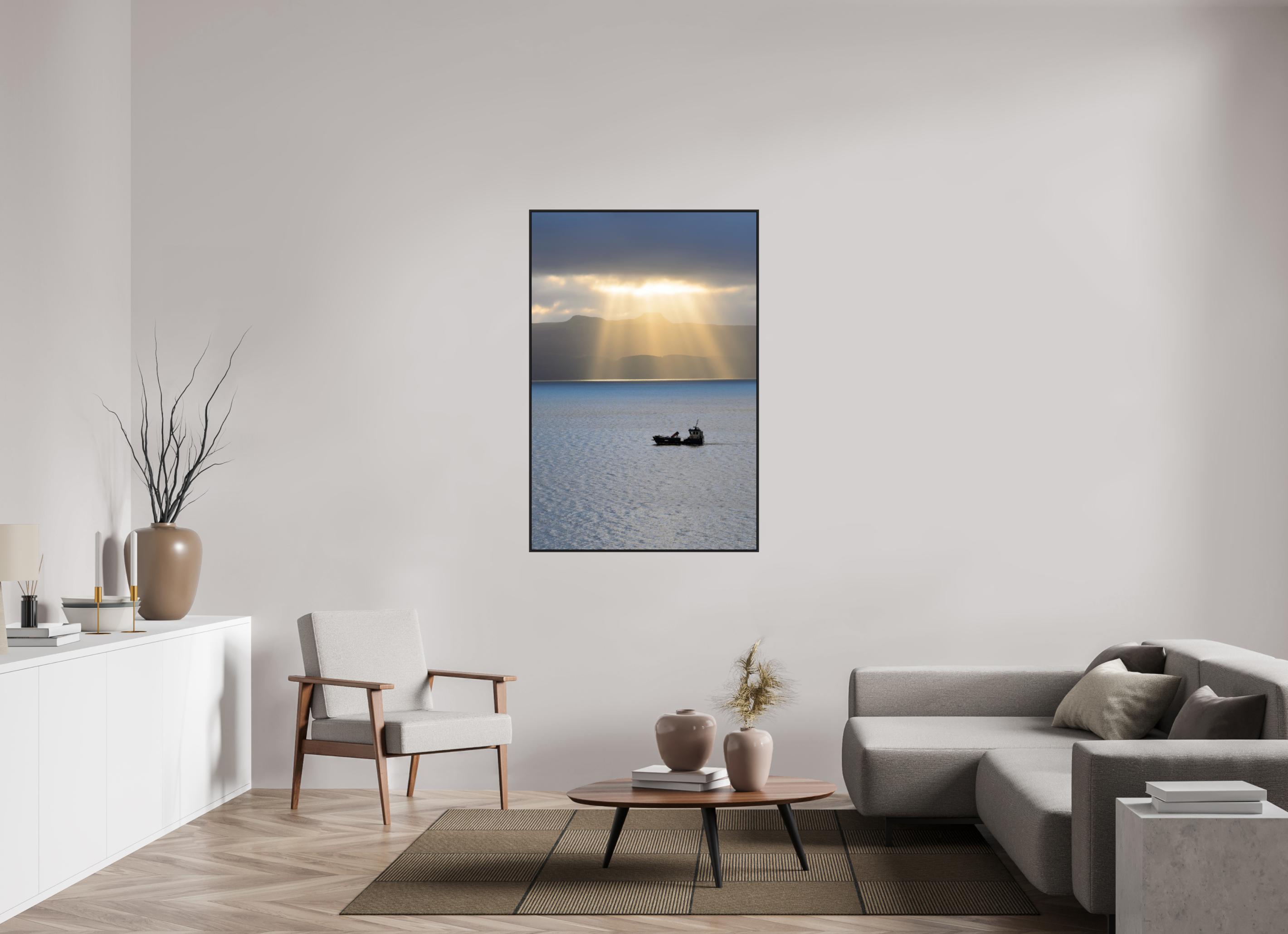 36 x 54″, Acrylic Glass Black Matt .24" frame Morning sunburst on Isle of Skye under acrylic glass with black frame