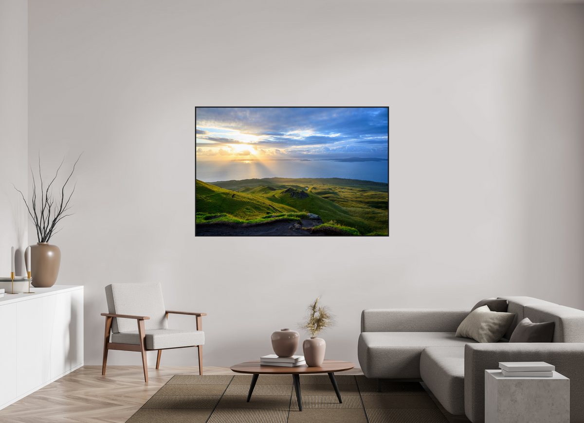 66 x 44″, Acrylic Glass Black matt .24" frame Sunrise over the Sound of Raasay under acrylic glass with black frame