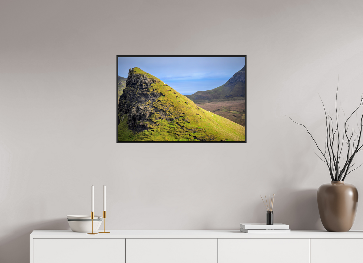 30 x 20″, Acrylic Glass Black matt .24" frame Sheep grazing on slope near Quiraing under acrylic glass with black frame