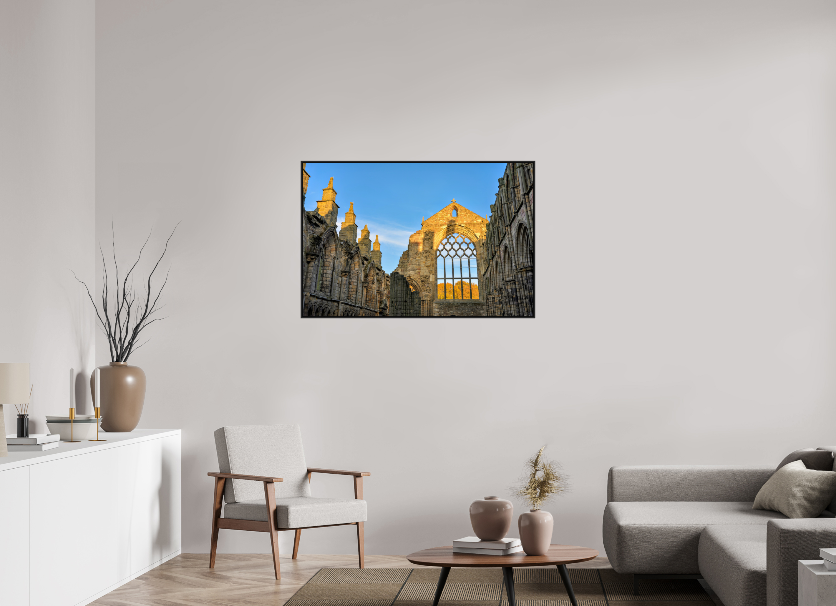 45 x 30″, Acrylic Glass Black matt .24" frame Holyrood Abbey at sunset under acrylic glass with black frame