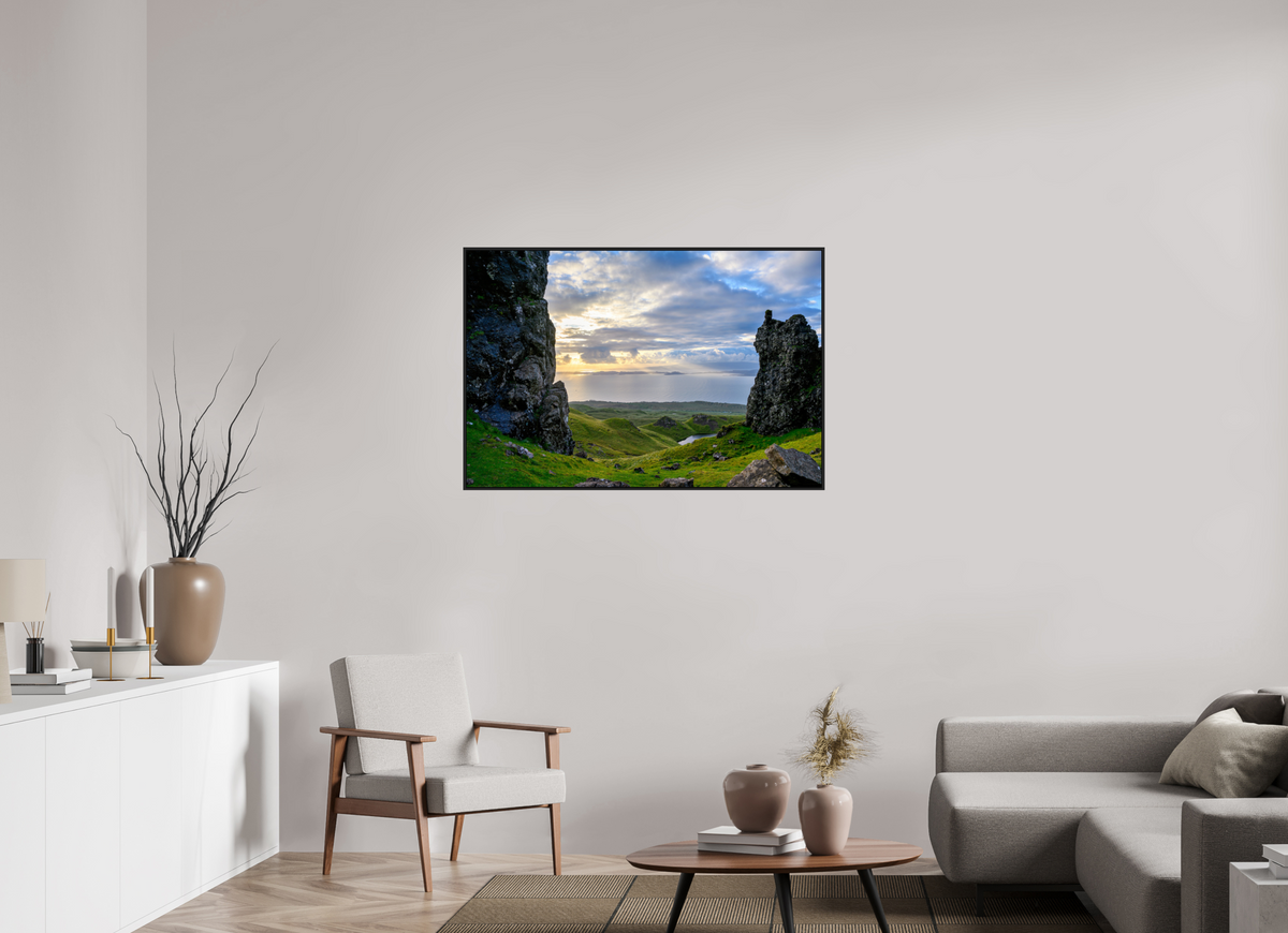 45 x 30″, Acrylic Glass Black matt .24" frame Peering through columns at the Old Man of Storr under acrylic glass with black frame