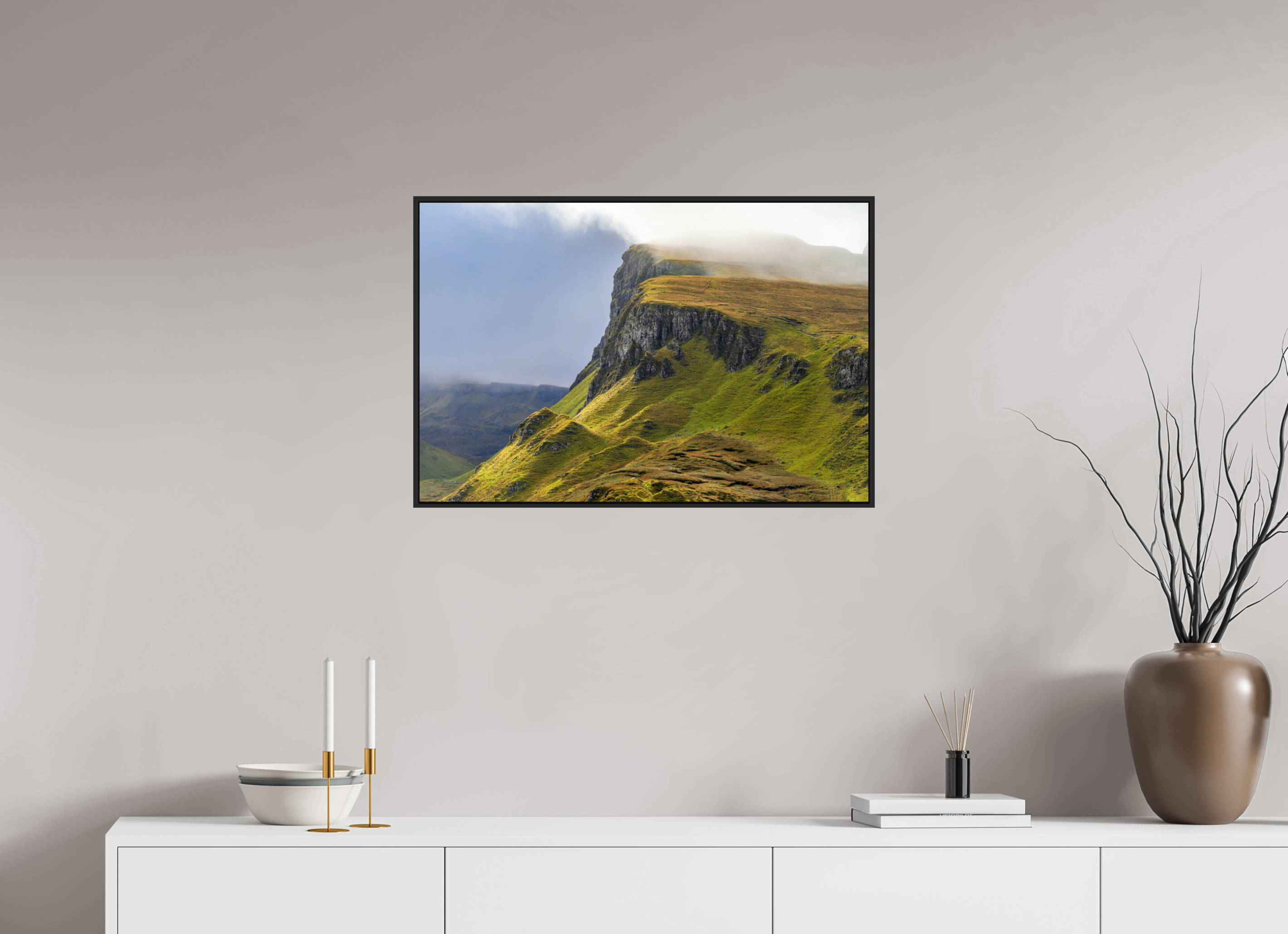 30 x 20″, Acrylic Glass Black matt .24" frame Rocky cliffs under acrylic glass with black frame