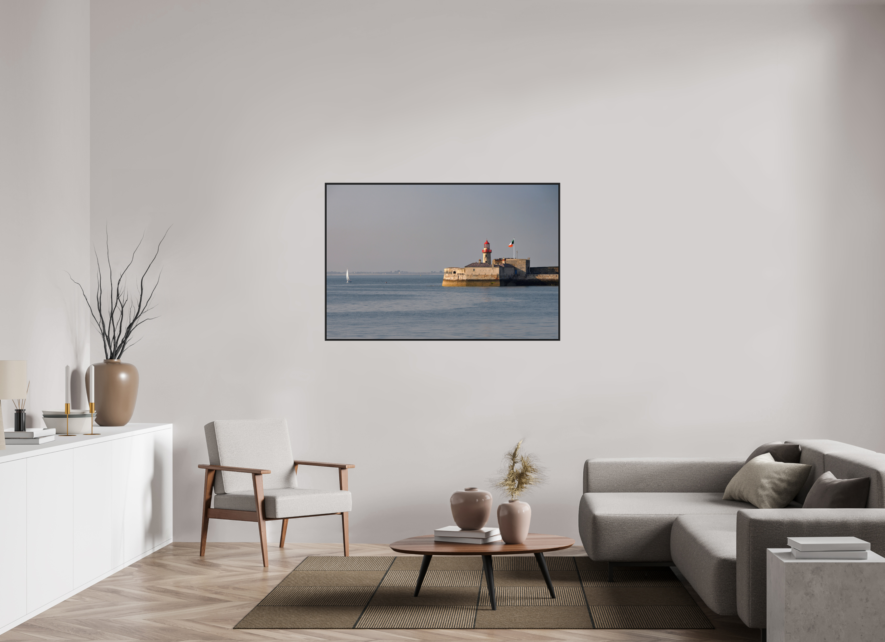 54 x 36″, Acrylic Glass Black matt .24" frame Dun Laoghaire Lighthouse at sunset under acrylic glass with black frame