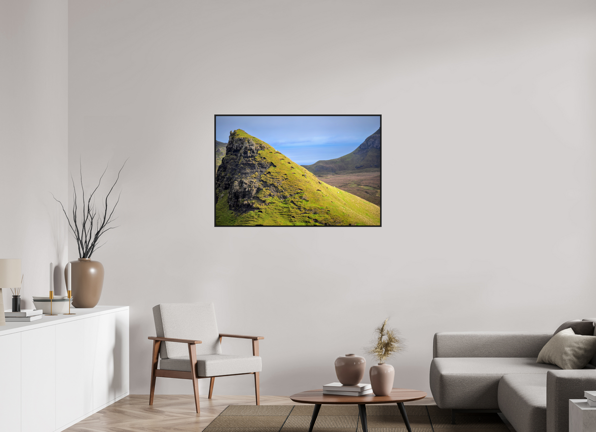 45 x 30″, Acrylic Glass Black matt .24" frame Sheep grazing on slope near Quiraing under acrylic glass with black frame