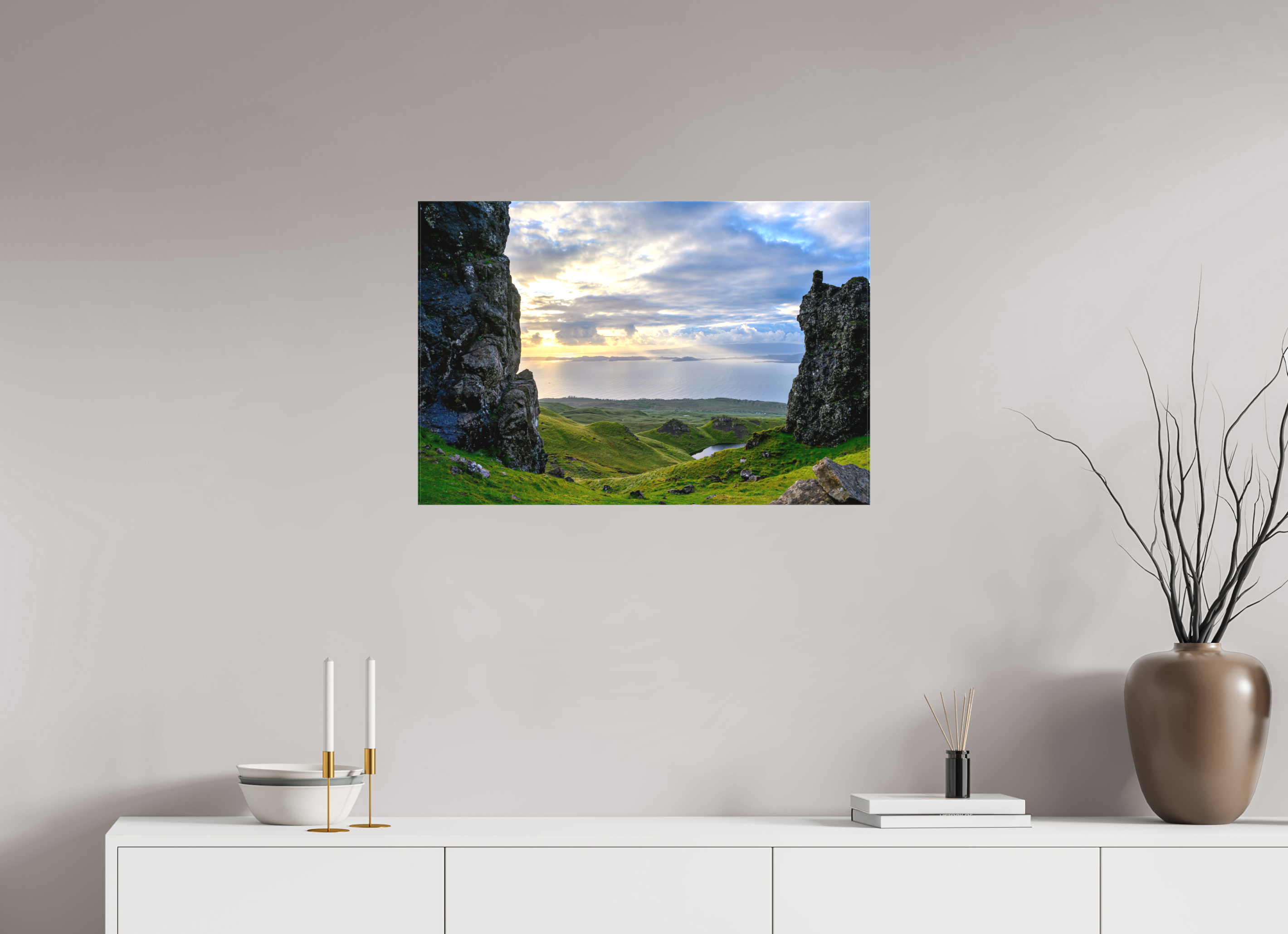 30 x 20″, Matte Canvas with wrapped edges - no frame Peering through columns at the Old Man of Storr on canvas