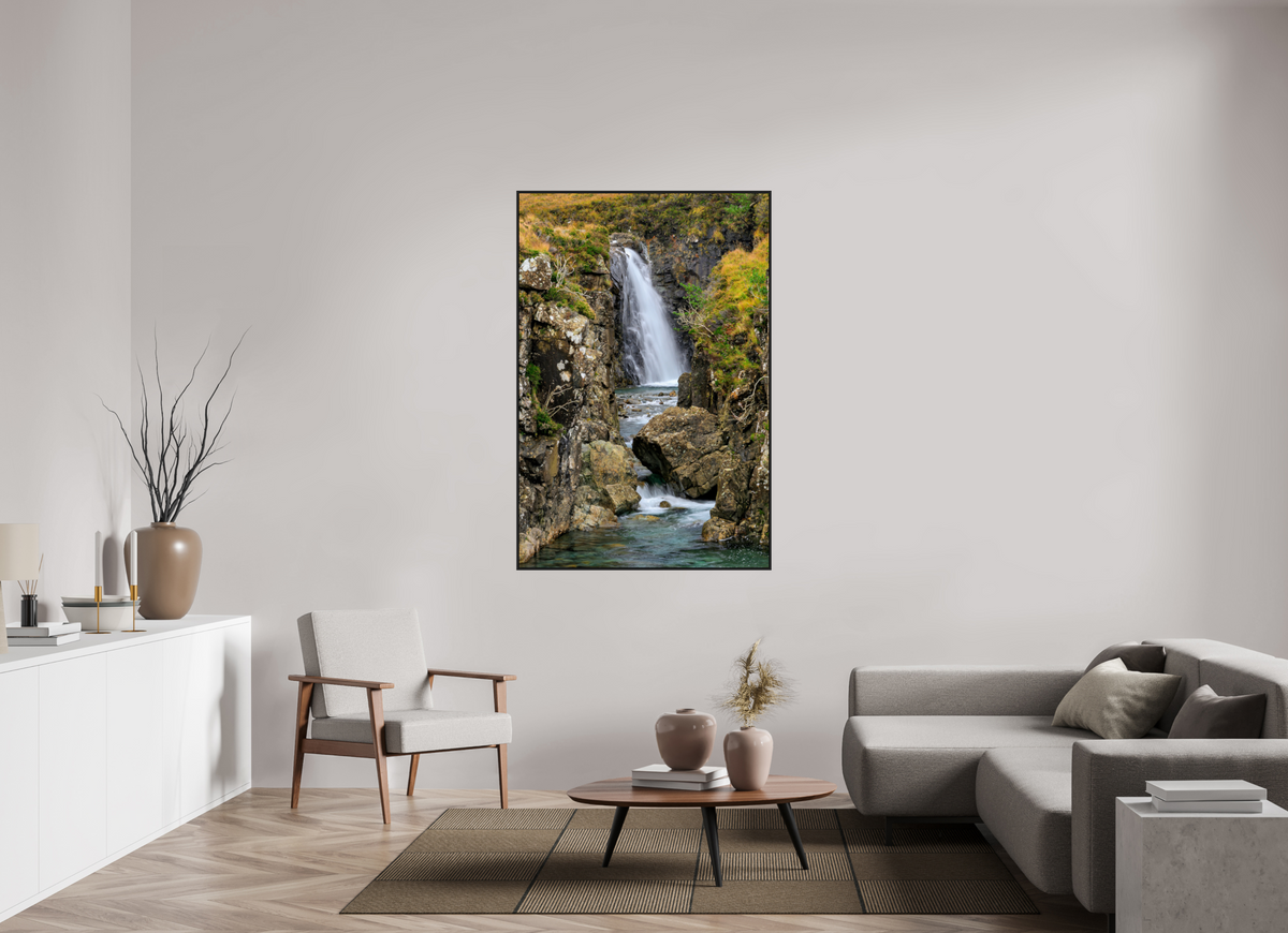 40 x 60″, Acrylic Glass Black matt .24" frame Fairy Pools Waterfall under acrylic glass with black frame
