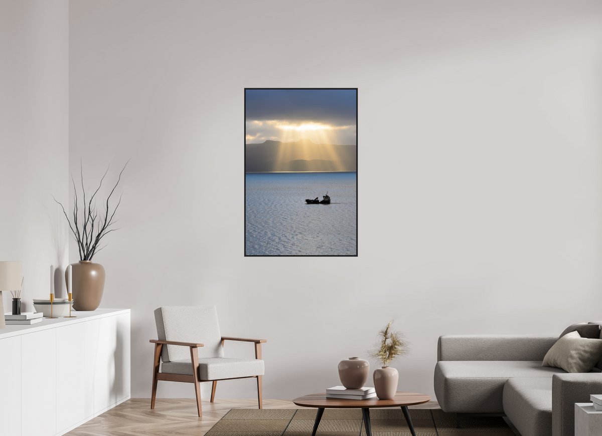 30 x 45″, Acrylic Glass Black Matt .24" frame Morning sunburst on Isle of Skye under acrylic glass with black frame