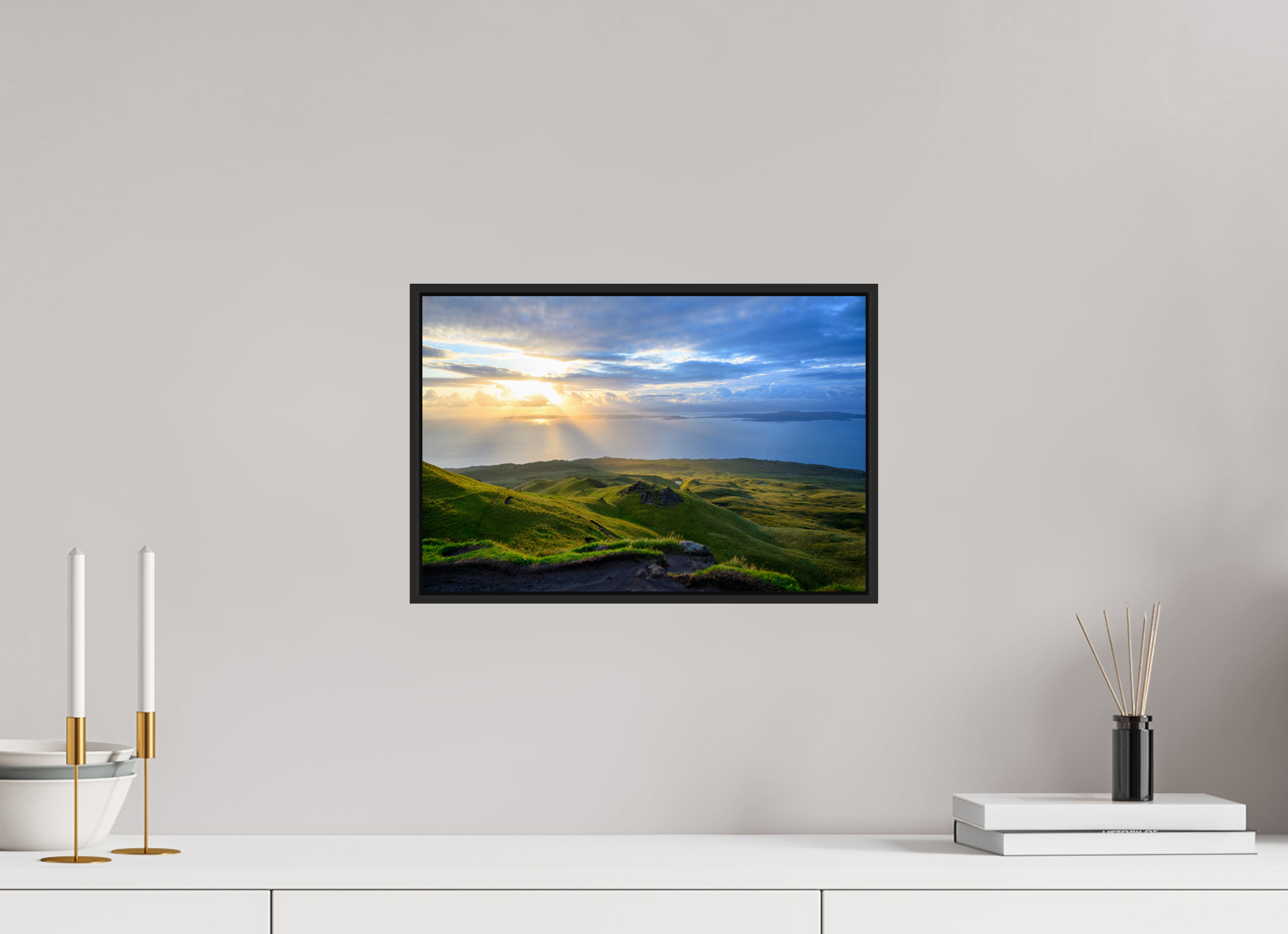 15 x 10″, Acrylic Glass Black matt .24" frame Sunrise over the Sound of Raasay under acrylic glass with black frame
