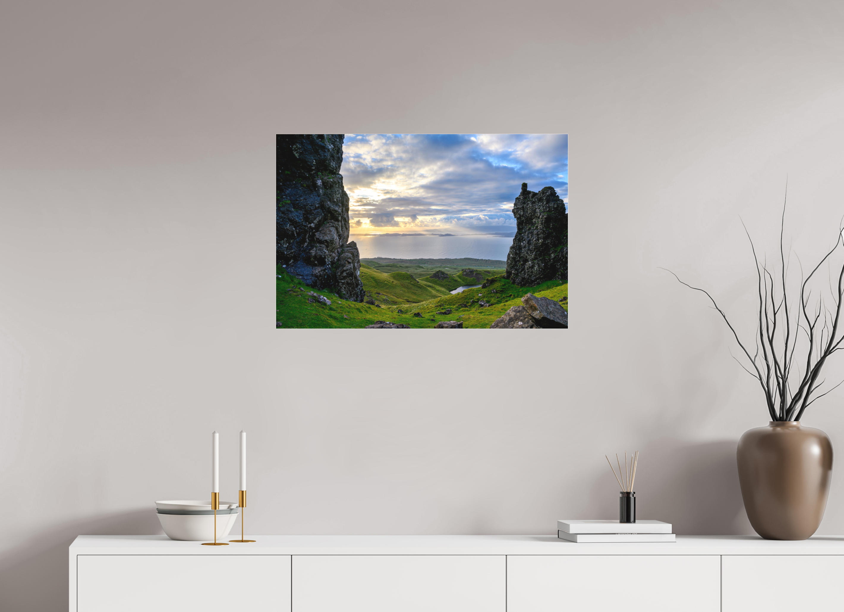 30 x 20″, Matte Acrylic Glass without frame Peering through columns at the Old Man of Storr on Matte Acrylic Glass without frame