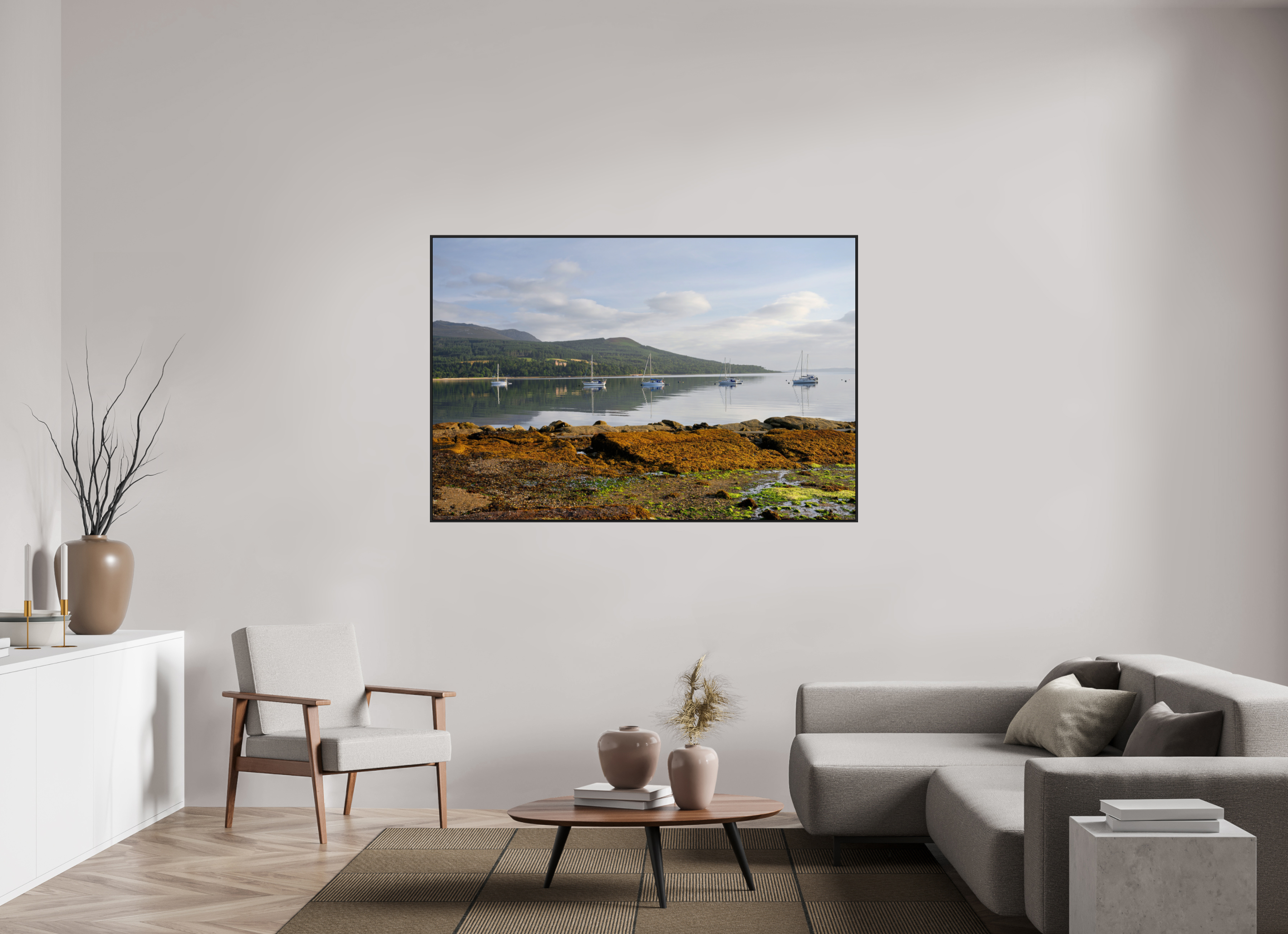 66 x 44″, Acrylic Glass Black matt .24" frame Brodick Bay at sunrise under acrylic glass with black frame