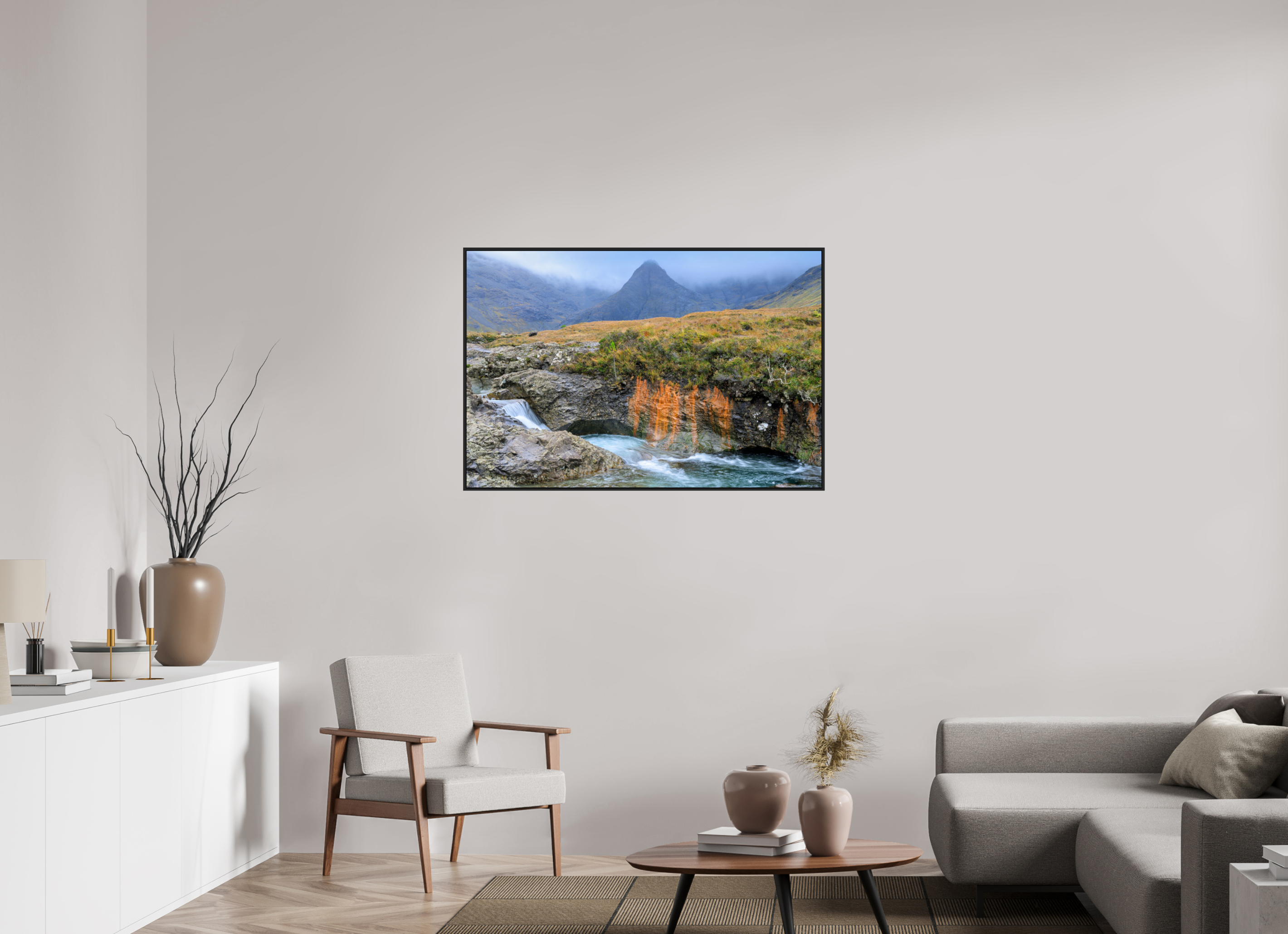 45 x 30″, Acrylic Glass Black matt .24" frame Fairy Pools stream under acrylic glass with black frame