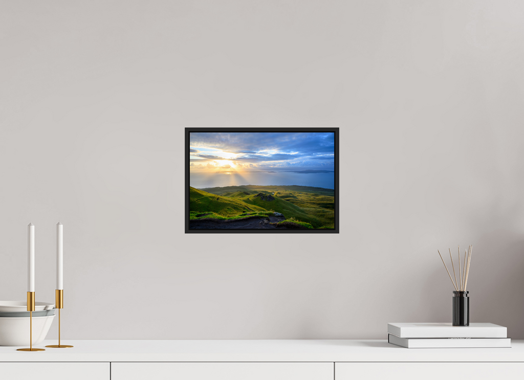 12 x 8″, Acrylic Glass Black matt .24" frame Sunrise over the Sound of Raasay under acrylic glass with black frame