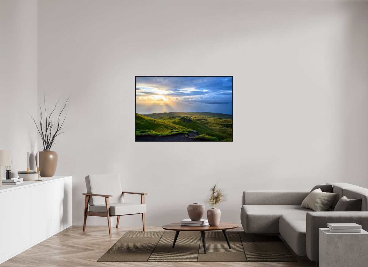54 x 36″, Acrylic Glass Black matt .24" frame Sunrise over the Sound of Raasay under acrylic glass with black frame