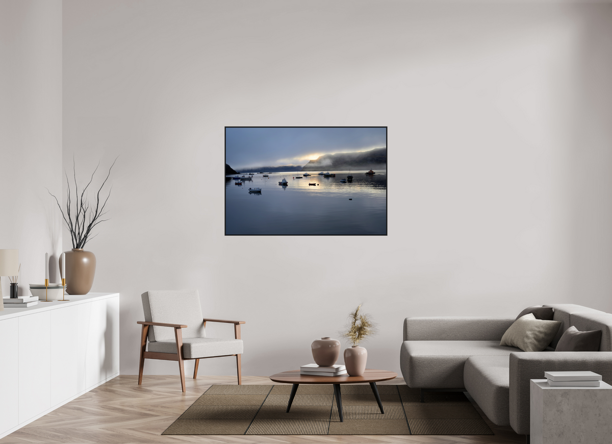 54 x 36″, Acrylic Glass Black matt .24" frame Portree Harbor at sunrise under acrylic glass with black frame