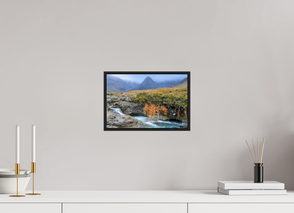 12 x 8″, Acrylic Glass Black matt .24" frame Fairy Pools stream under acrylic glass with black frame