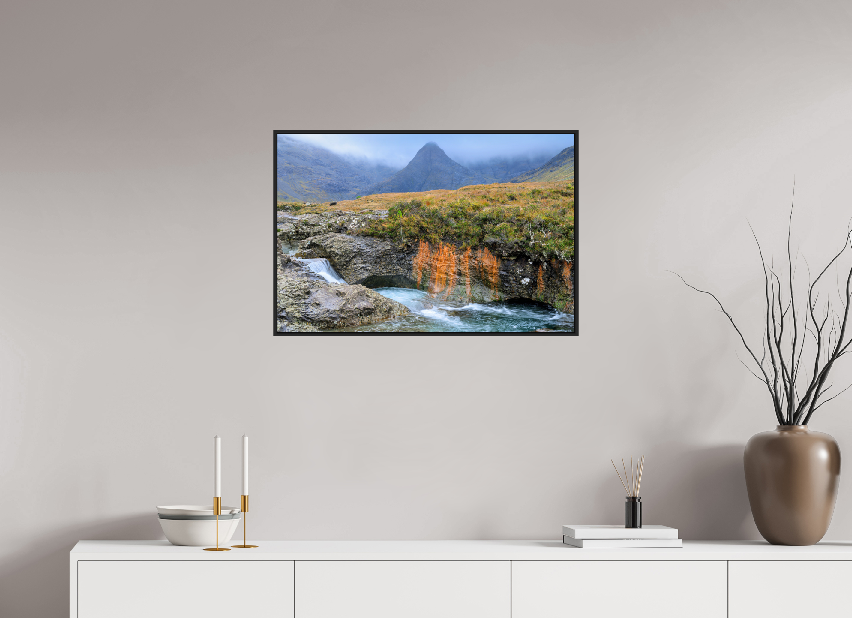 30 x 20″, Acrylic Glass Black matt .24" frame Fairy Pools stream under acrylic glass with black frame