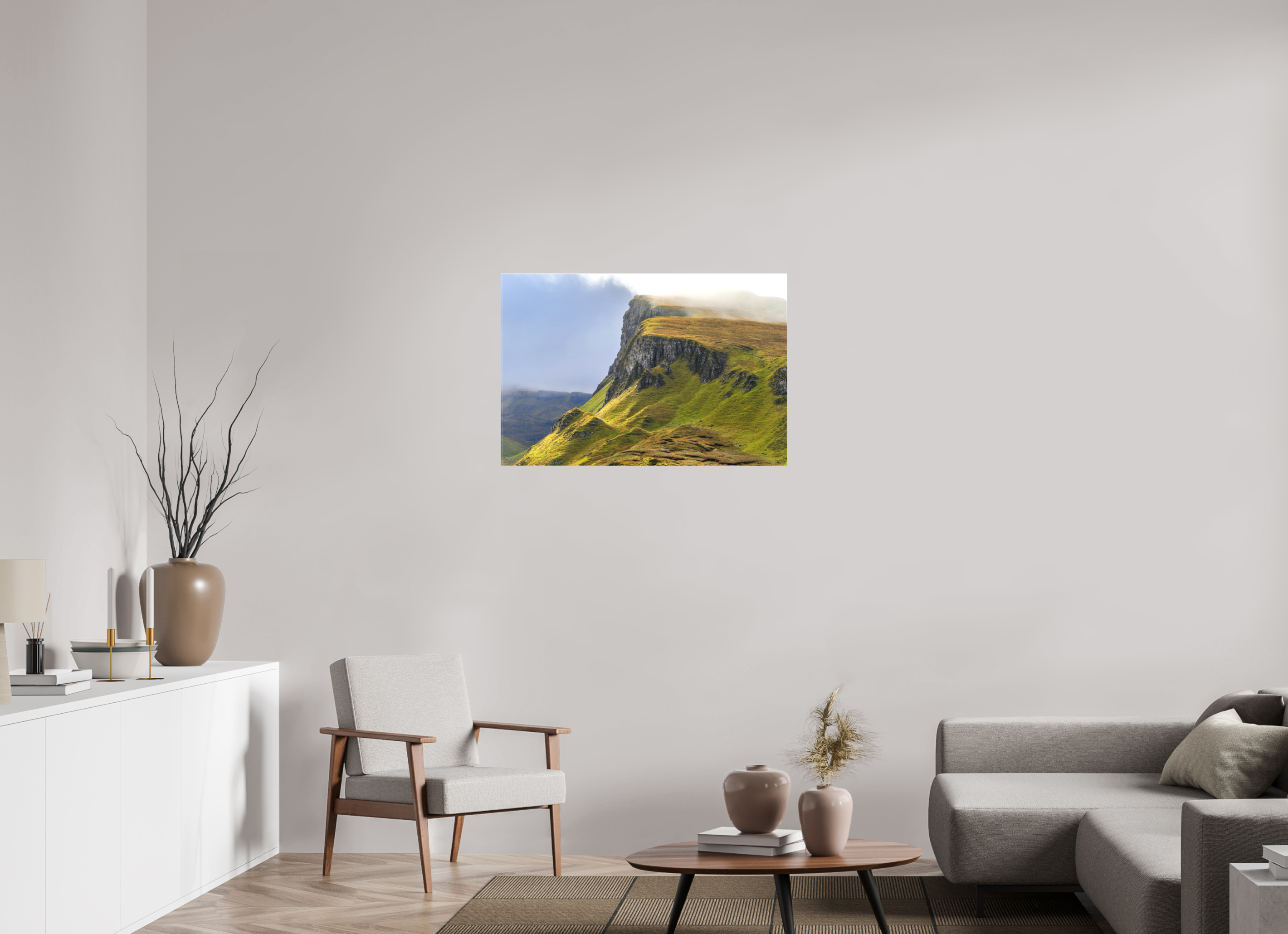 36 x 24″, Matte Canvas with wrapped edges - no frame Rocky cliffs in misty sunshine at The Quiraing on canvas