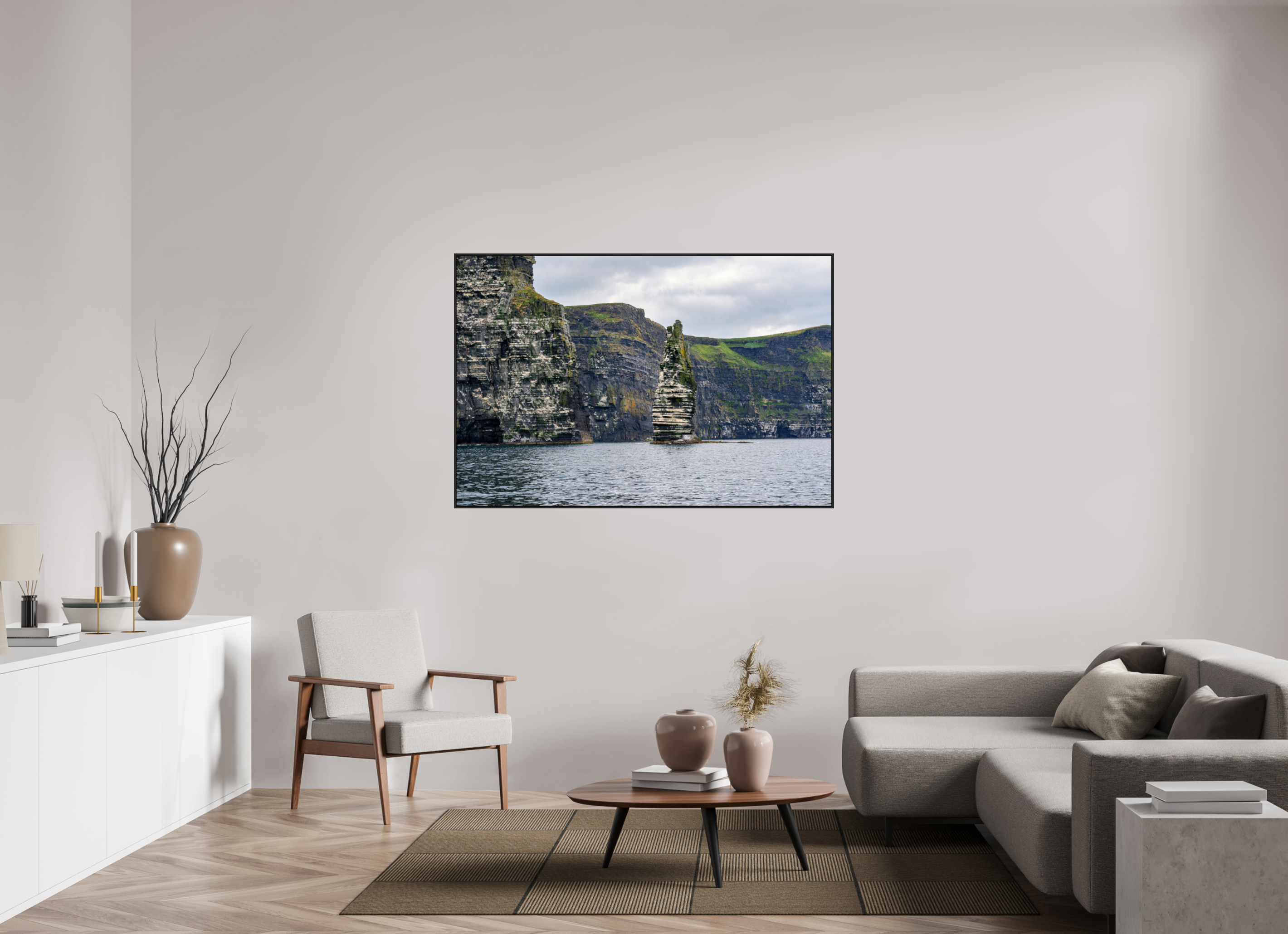 60 x 40″, Acrylic Glass Black matt .24" frame Cliffs of Mohre under acrylic glass with black frame