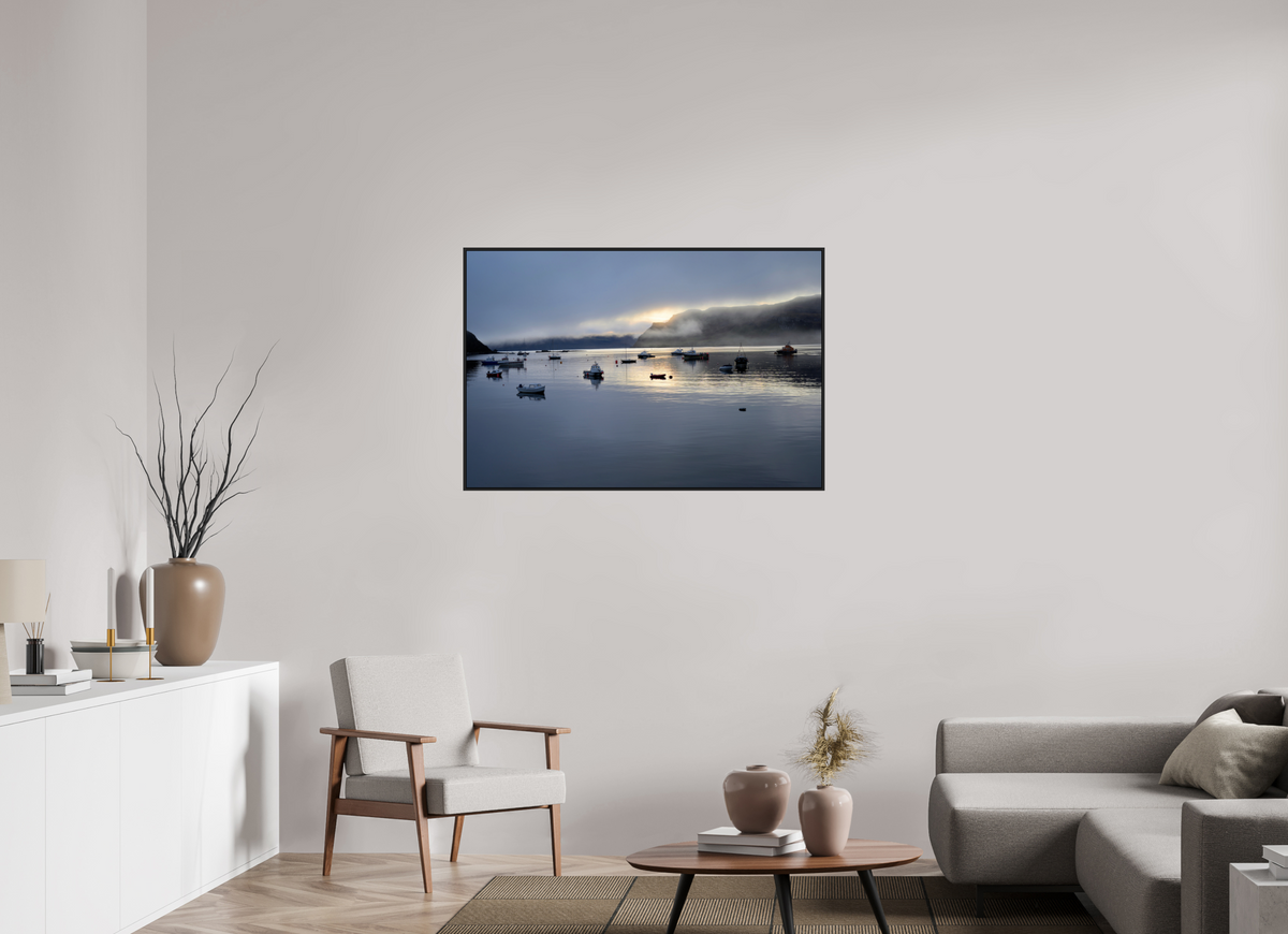 45 x 30″, Acrylic Glass Black matt .24" frame Portree Harbor at sunrise under acrylic glass with black frame