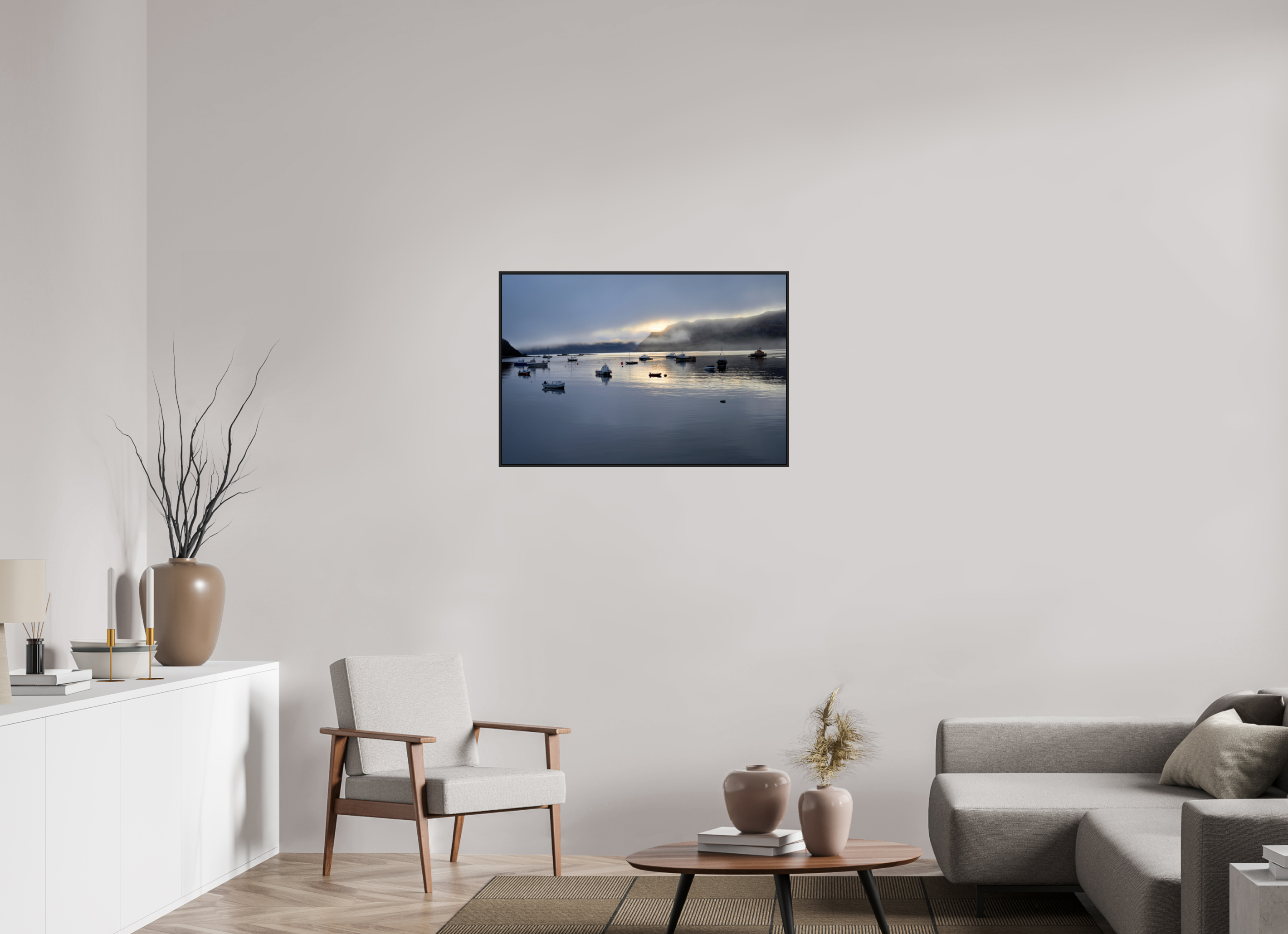 36 x 24″, Acrylic Glass Black matt .24" frame Portree Harbor at sunrise under acrylic glass with black frame
