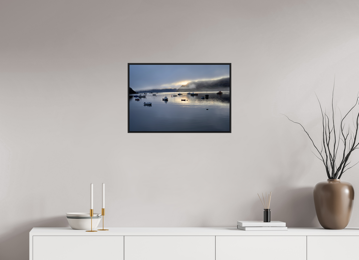 24 x 16″, Acrylic Glass Black matt .24" frame Portree Harbor at sunrise under acrylic glass with black frame