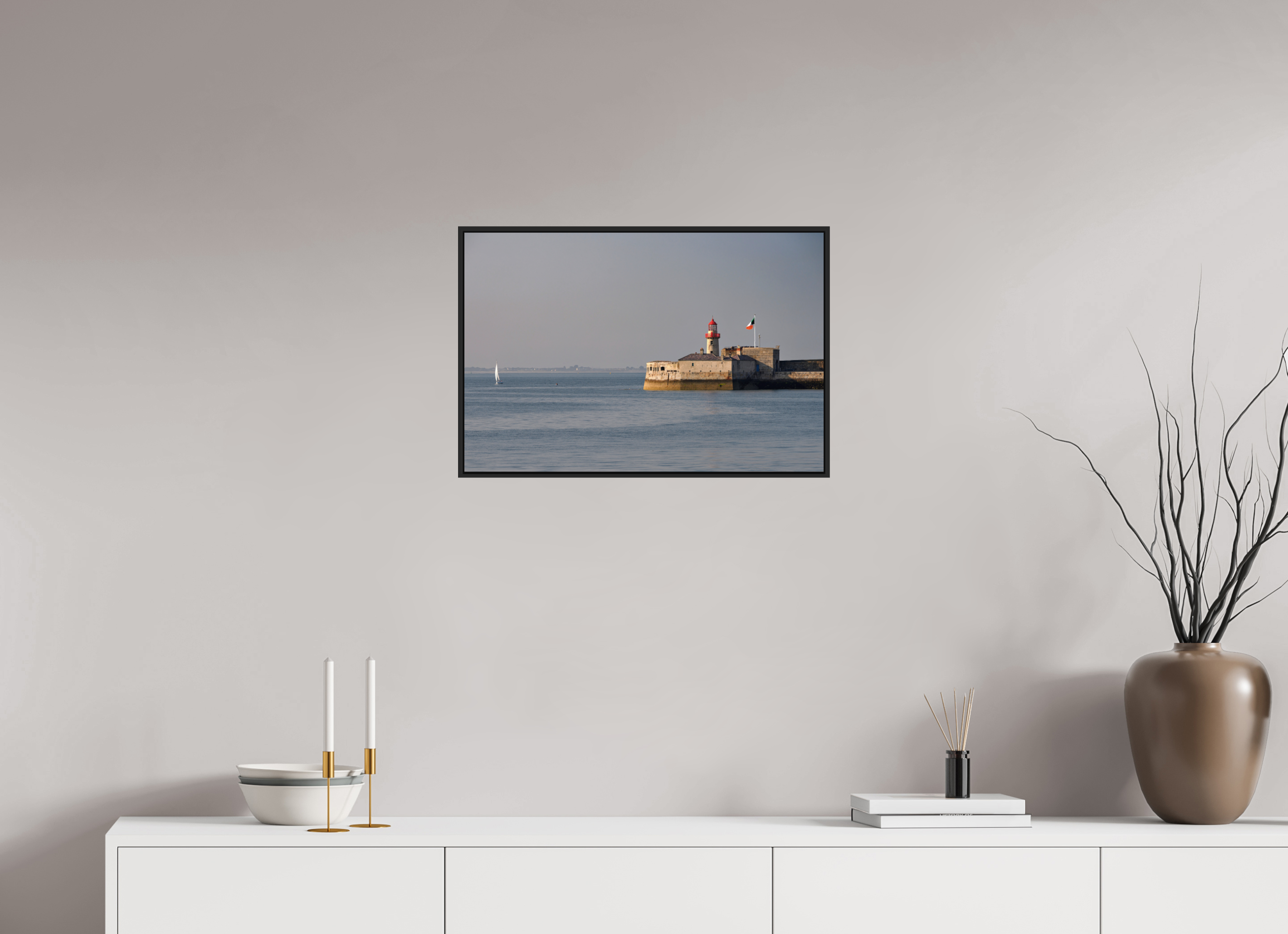 24 x 16″, Acrylic Glass Black matt .24" frame Dun Laoghaire Lighthouse at sunset under acrylic glass with black frame