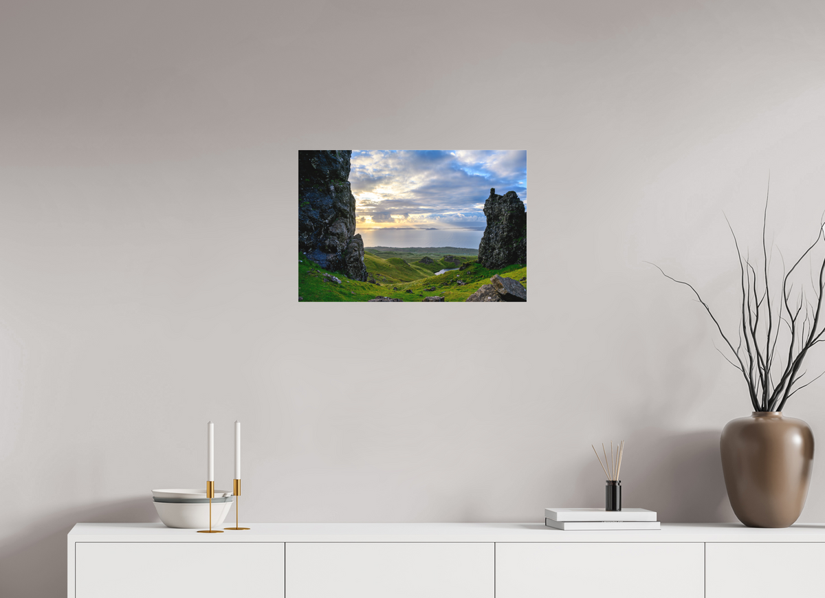 24 x 16″, Matte Acrylic Glass without frame Peering through columns at the Old Man of Storr on Matte Acrylic Glass without frame