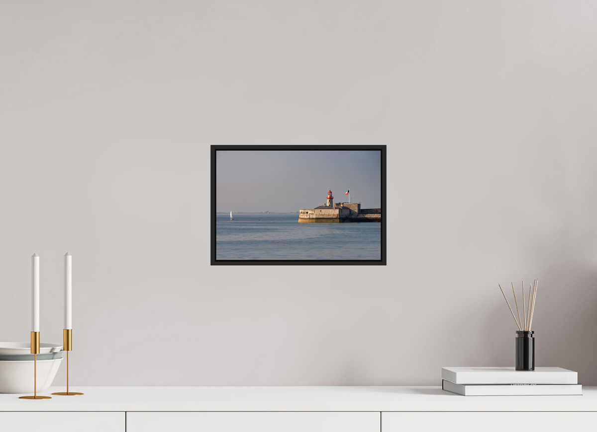 12 x 8″, Acrylic Glass Black matt .24" frame Dun Laoghaire Lighthouse at sunset under acrylic glass with black frame