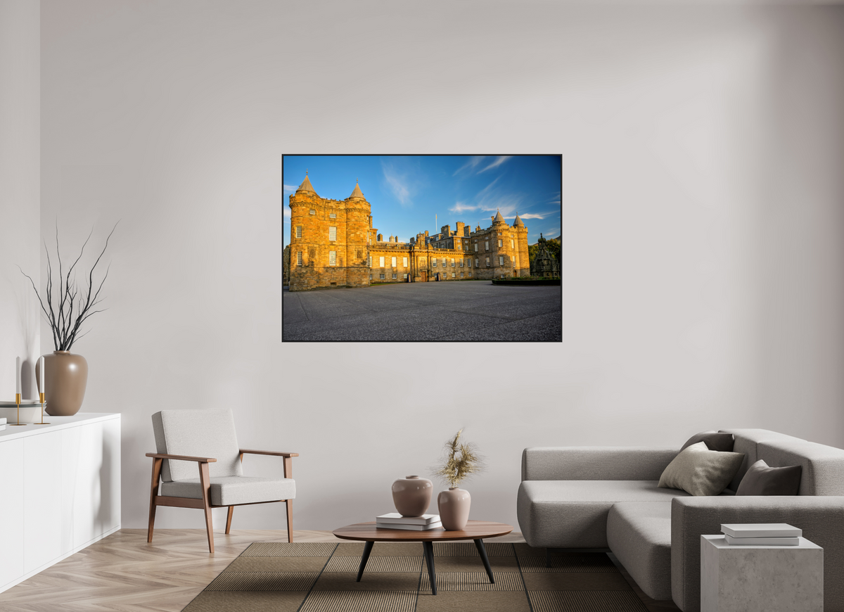 66 x 44″, Acrylic Glass Black matt .24" frame Holyrood Palace at sunset under acrylic glass with black frame