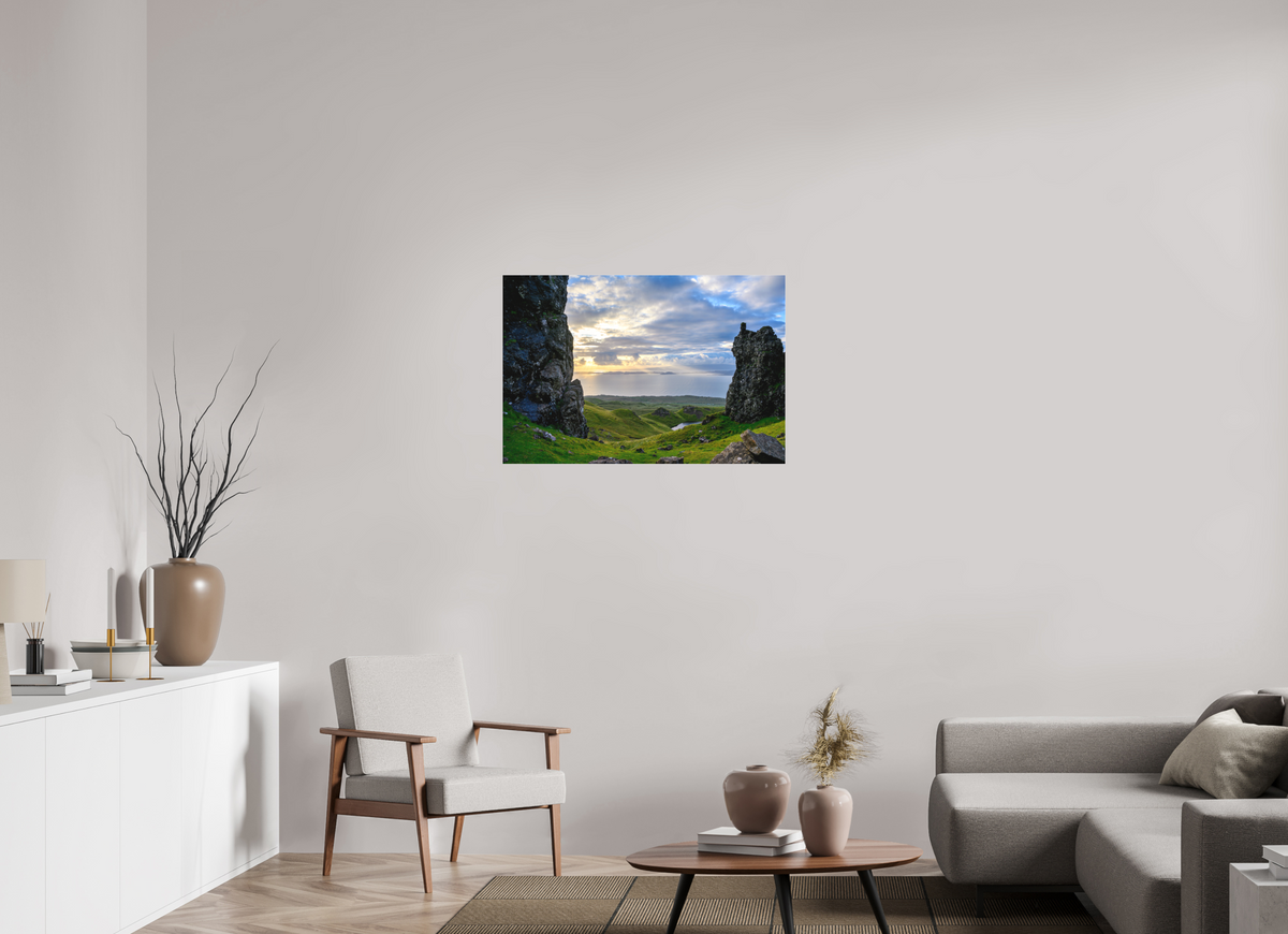 36 x 24″, Matte Acrylic Glass without frame Peering through columns at the Old Man of Storr on Matte Acrylic Glass without frame