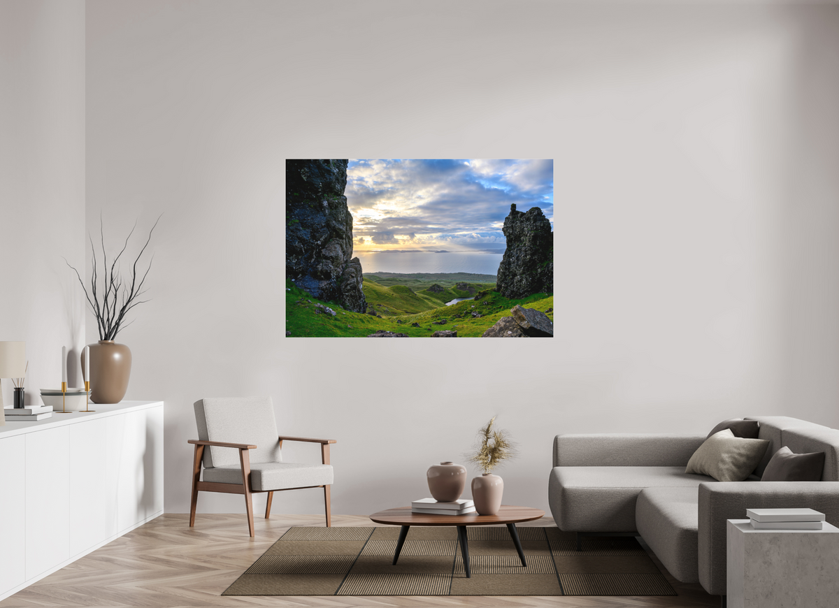 66 x 44″, Matte Acrylic Glass without frame Peering through columns at the Old Man of Storr on Matte Acrylic Glass without frame