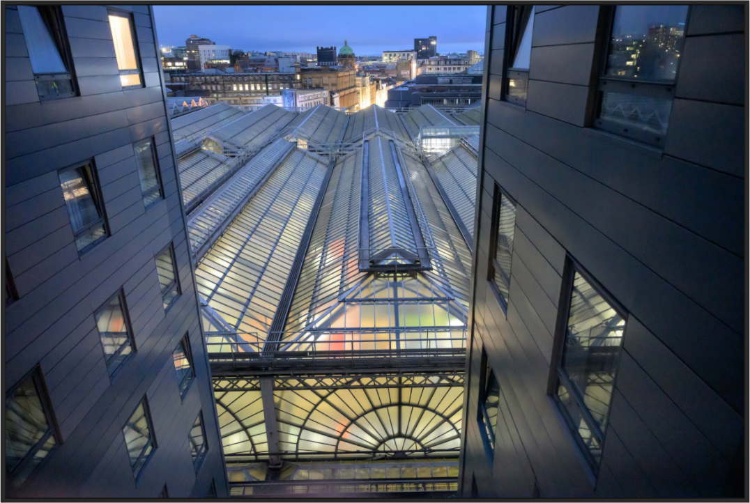 Main image Glasgow Central Railway Station at dawn under acrylic glass with black frame