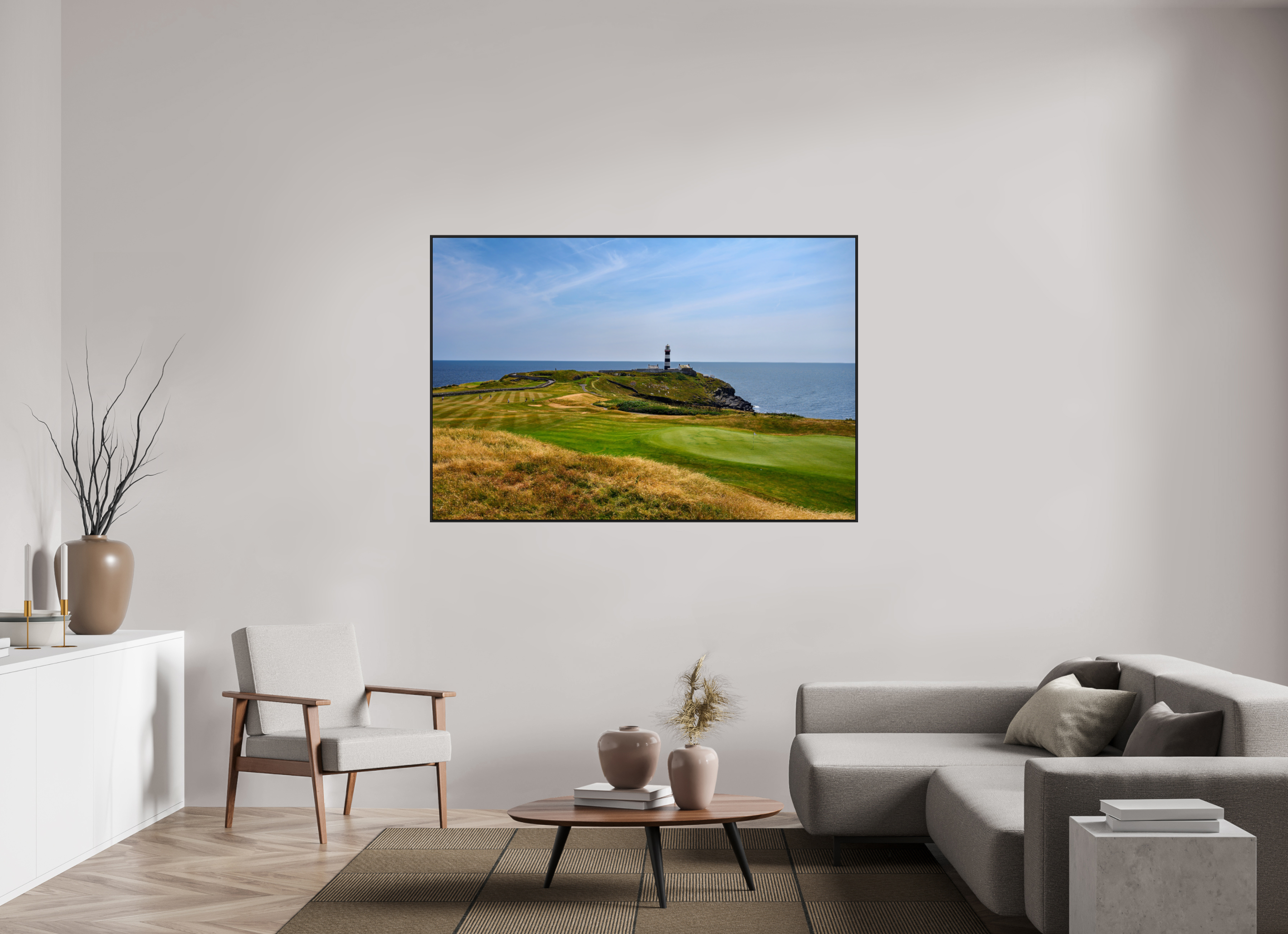 66 x 44″, Acrylic Glass Black matt .24" frame Old Head golf course and lighthouse under acrylic glass in black frame