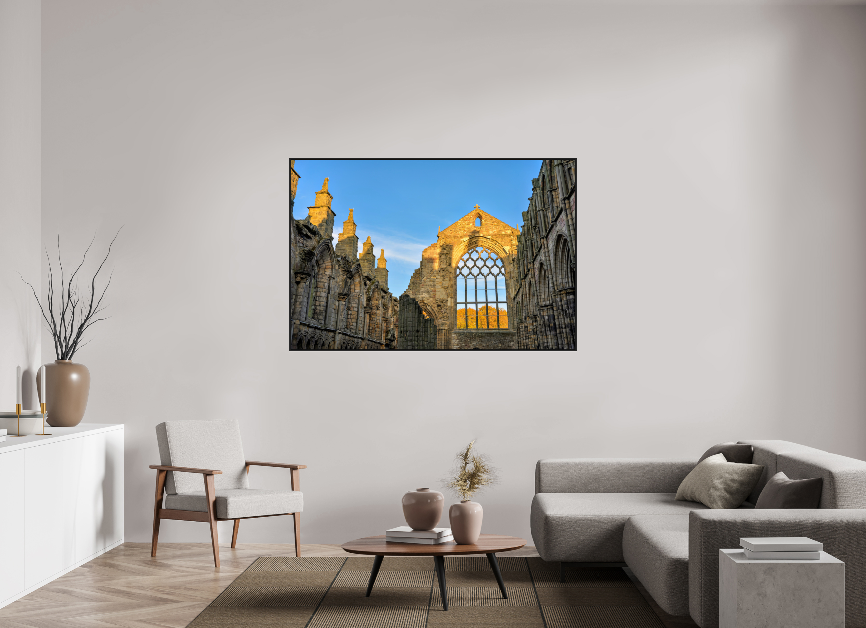 66 x 44″, Acrylic Glass Black matt .24" frame Holyrood Abbey at sunset under acrylic glass with black frame