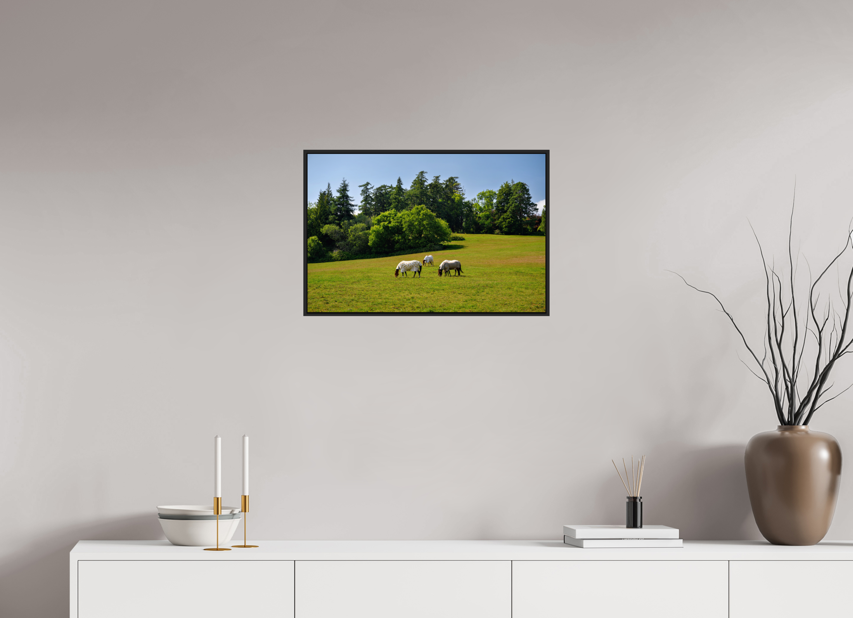 24 x 16″, Acrylic Glass Black matt .24" frame Horses near Powerscourt Gardens under acrylic glass with black frame