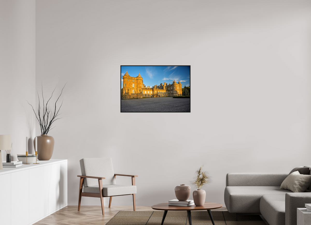 36 x 24″, Acrylic Glass Black matt .24" frame Holyrood Palace at sunset under acrylic glass with black frame