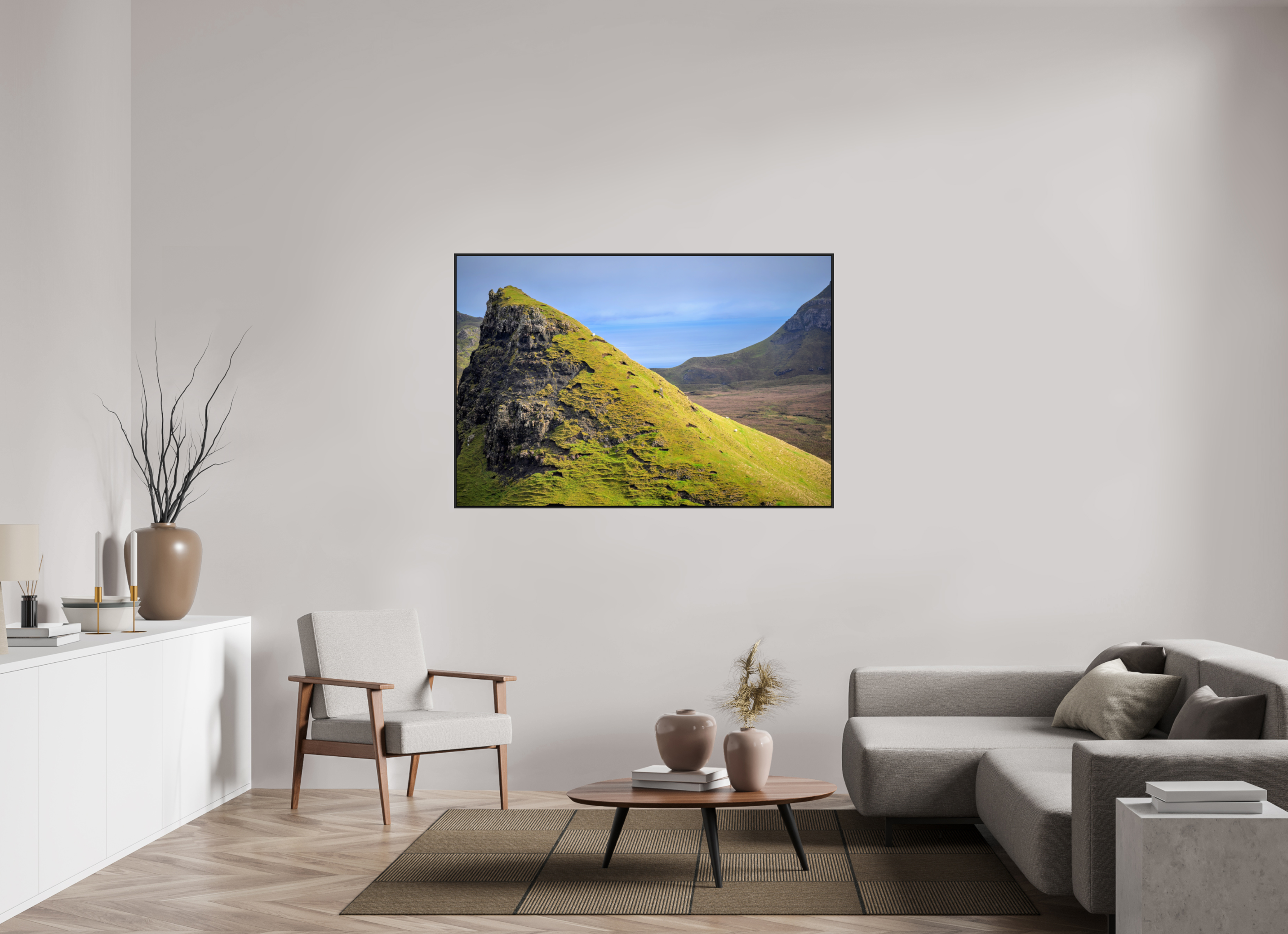 60 x 40″, Acrylic Glass Black matt .24" frame Sheep grazing on slope near Quiraing under acrylic glass with black frame