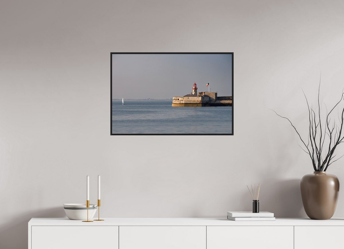 30 x 20″, Acrylic Glass Black matt .24" frame Dun Laoghaire Lighthouse at sunset under acrylic glass with black frame