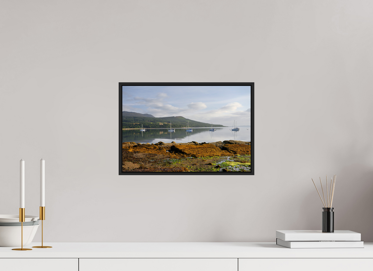 15 x 10″, Acrylic Glass Black matt .24" frame Brodick Bay at sunrise under acrylic glass with black frame