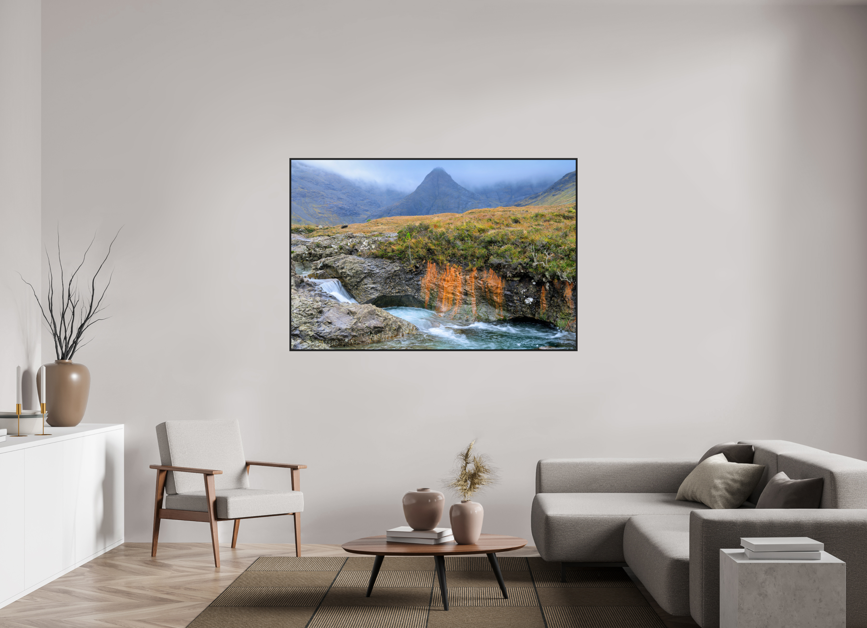 66 x 44″, Acrylic Glass Black matt .24" frame Fairy Pools stream under acrylic glass with black frame