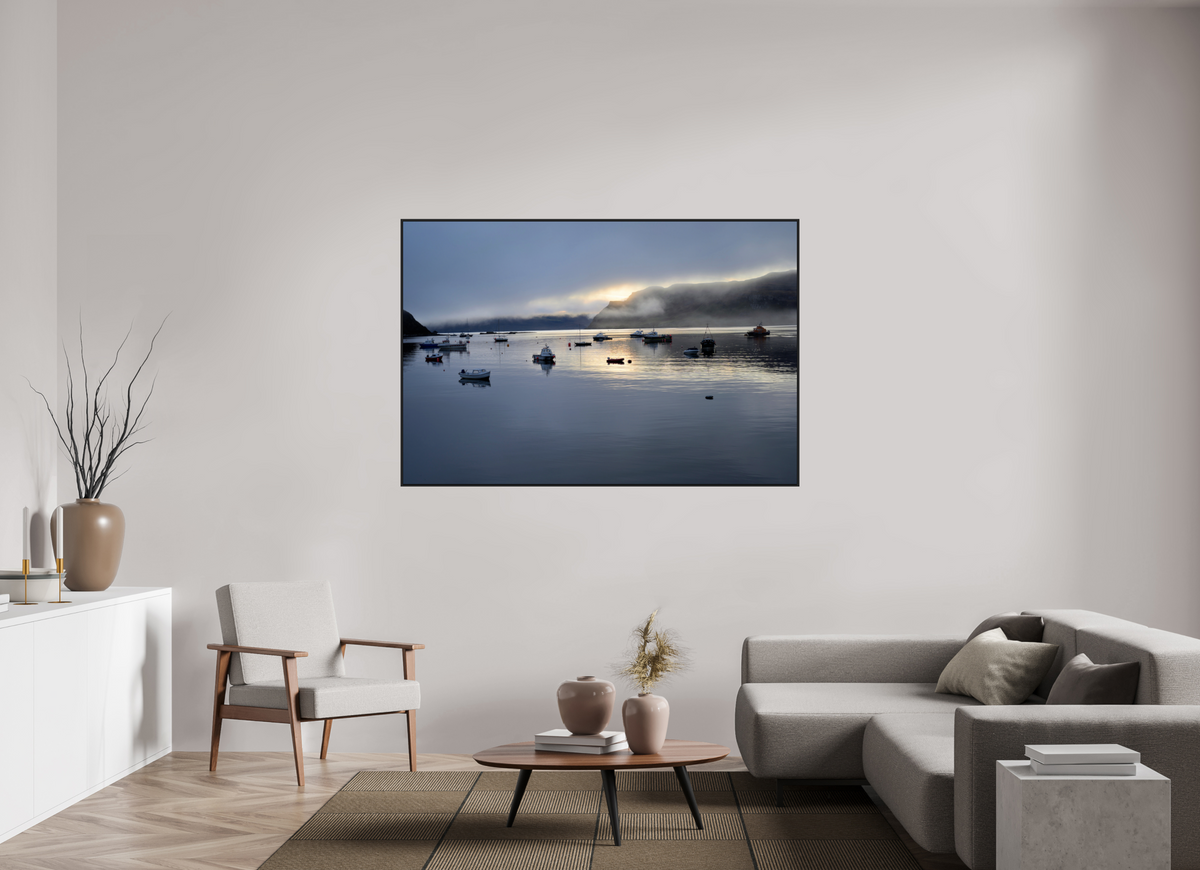 66 x 44″, Acrylic Glass Black matt .24" frame Portree Harbor at sunrise under acrylic glass with black frame