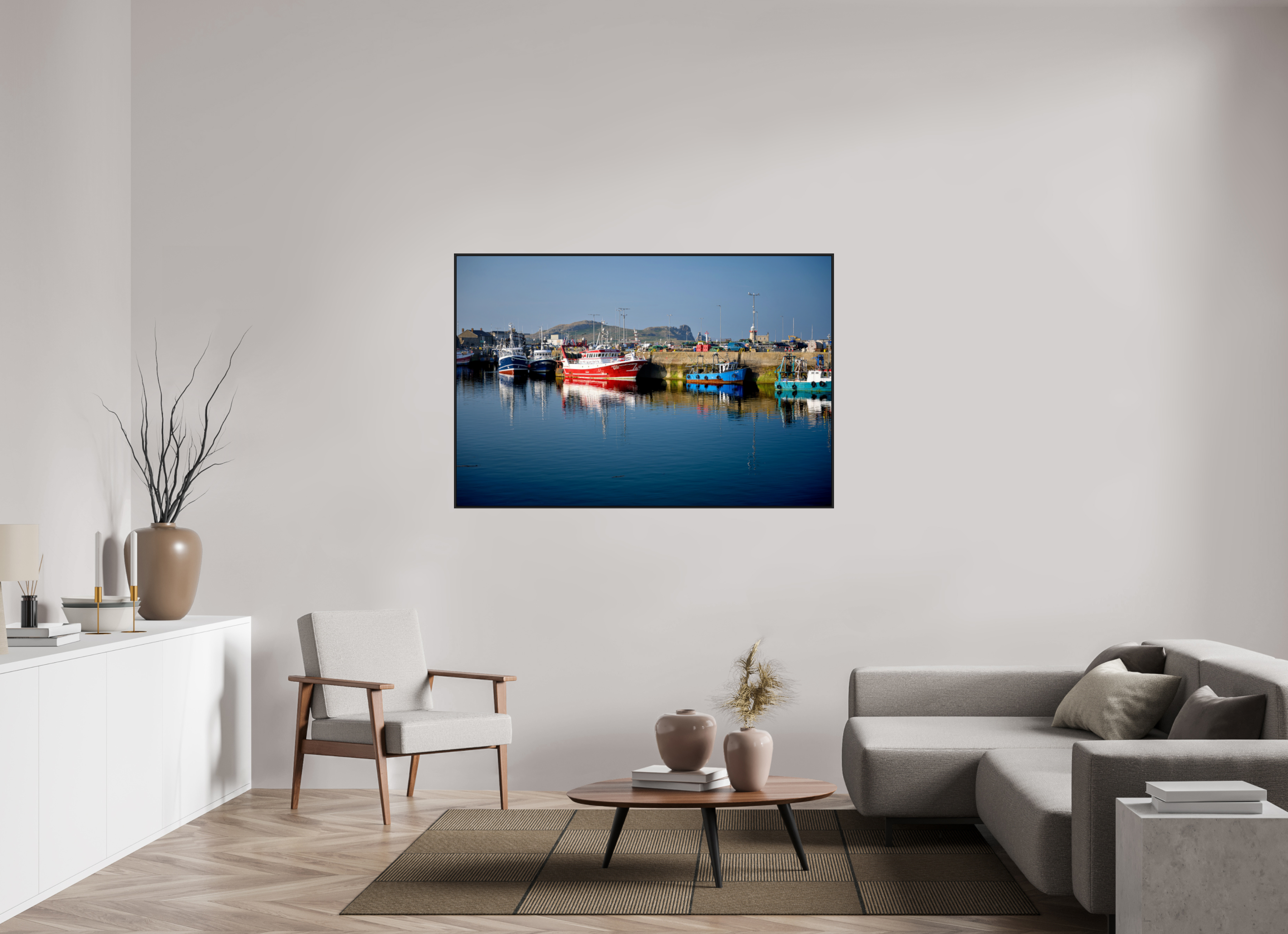 60 x 40″, Acrylic Glass Black matt .24" frame Fishing vessels at Howth Harbour Middle Pier under acrylic glass with black frame
