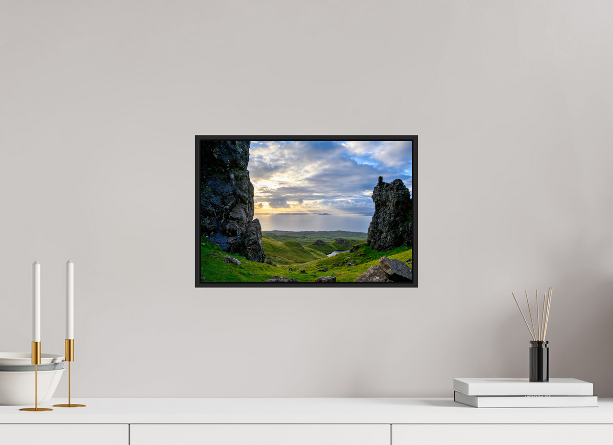 15 x 10″, Acrylic Glass Black matt .24" frame Peering through columns at the Old Man of Storr under acrylic glass with black frame
