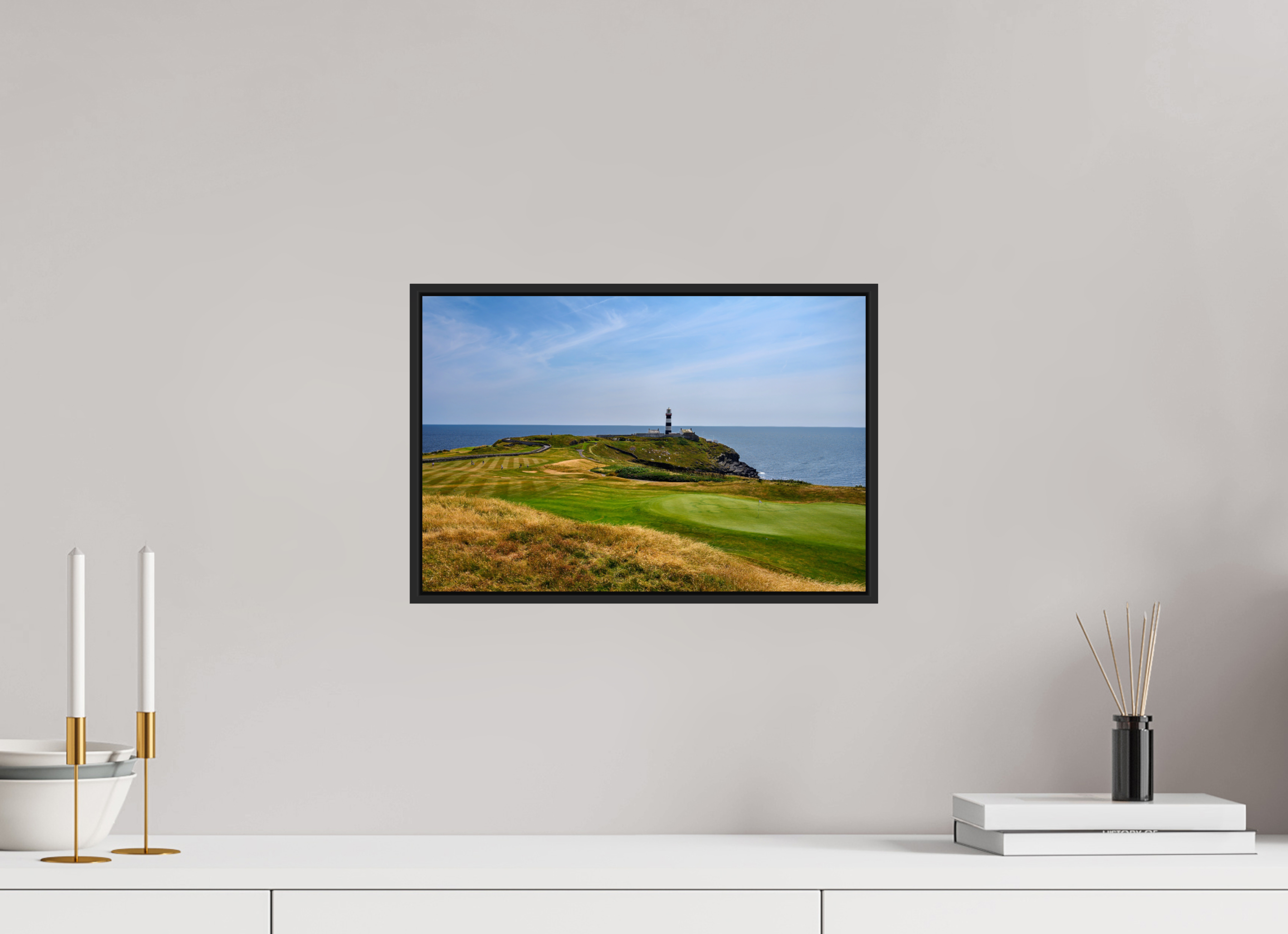 15 x 10″, Acrylic Glass Black matt .24" frame Old Head golf course and lighthouse under acrylic glass in black frame
