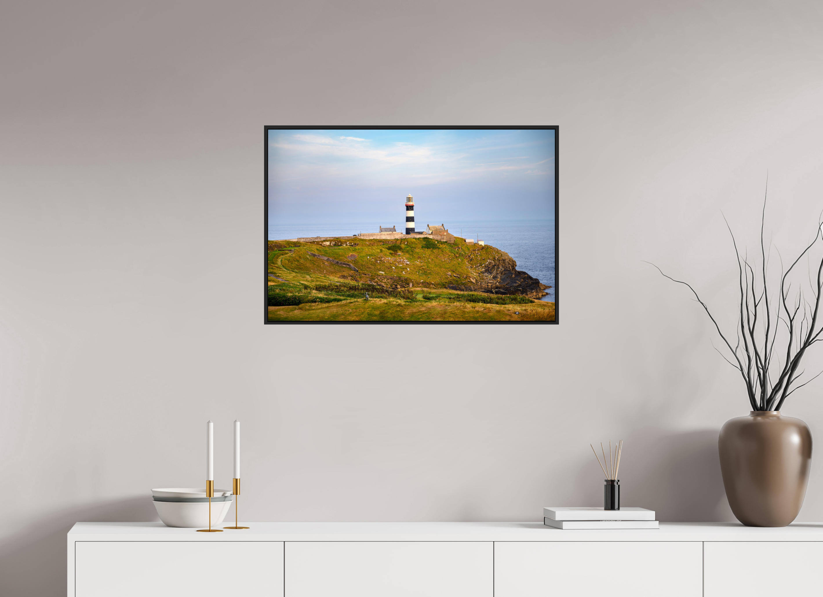 30 x 20″, Acrylic Glass Black matt .24" frame Old Head Lighthouse at sunset under acrylic glass with black frame