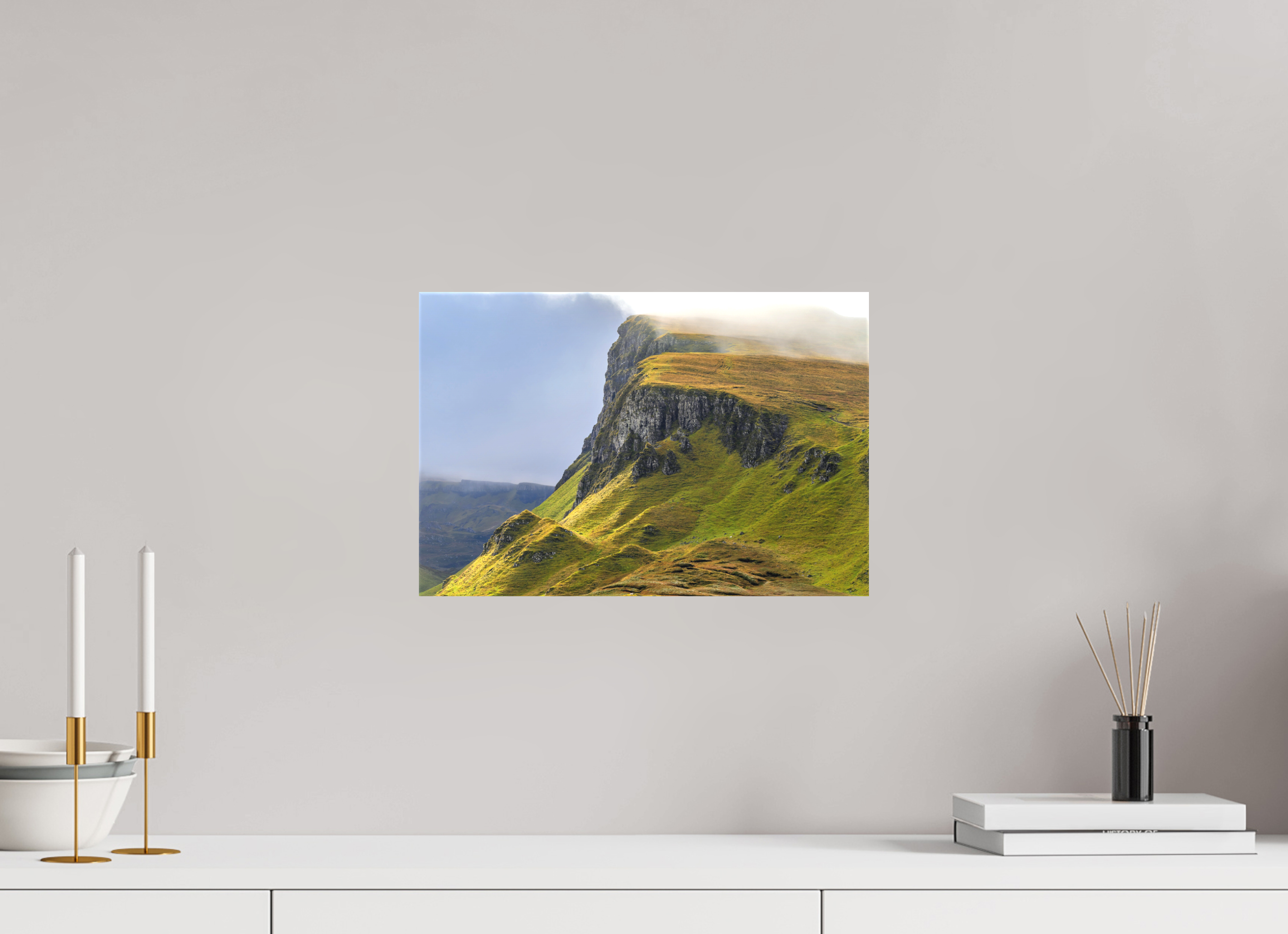 15 x 10″, Matte Canvas with wrapped edges - no frame Rocky cliffs in misty sunshine at The Quiraing on canvas