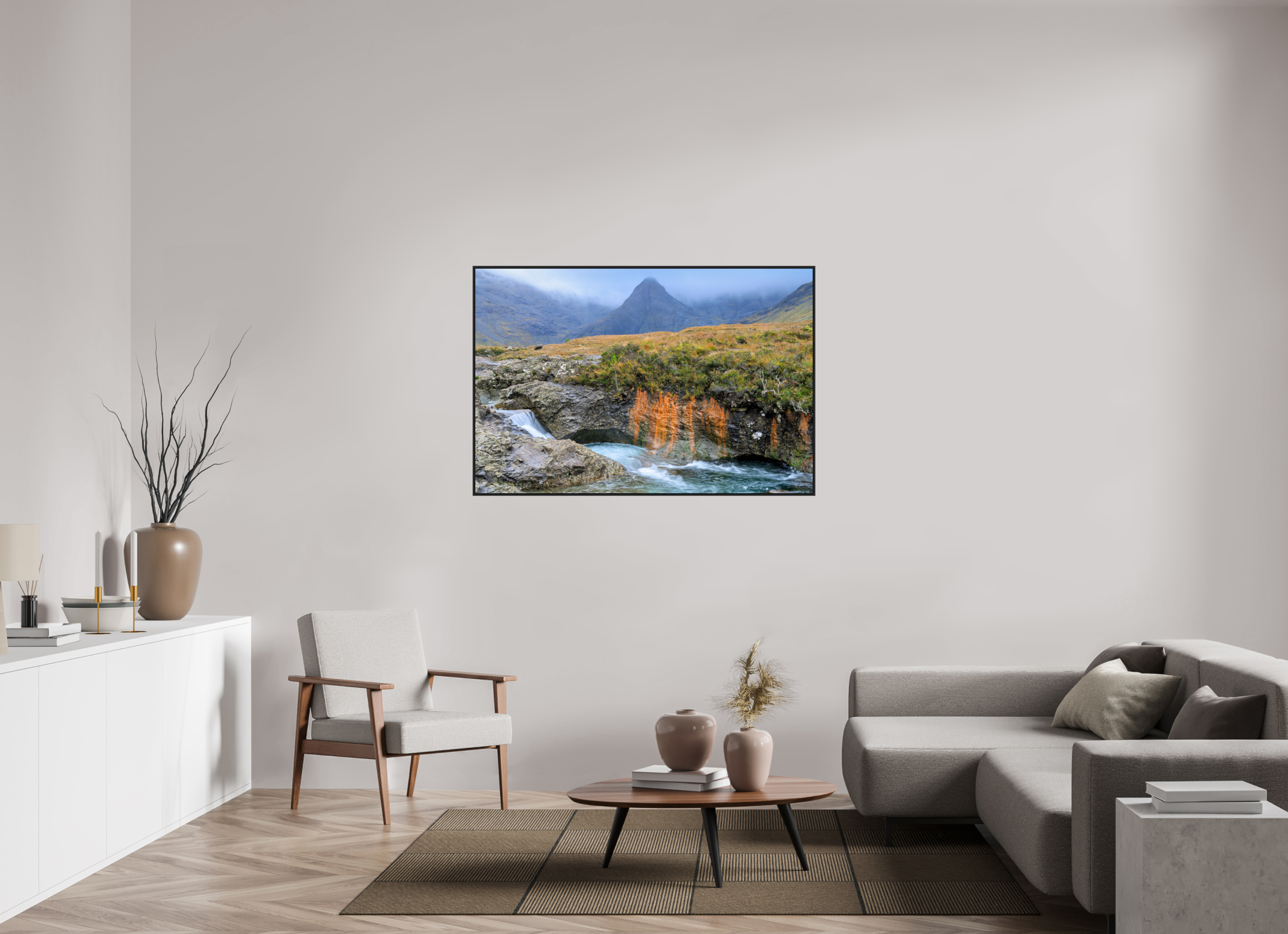 54 x 36″, Acrylic Glass Black matt .24" frame Fairy Pools stream under acrylic glass with black frame