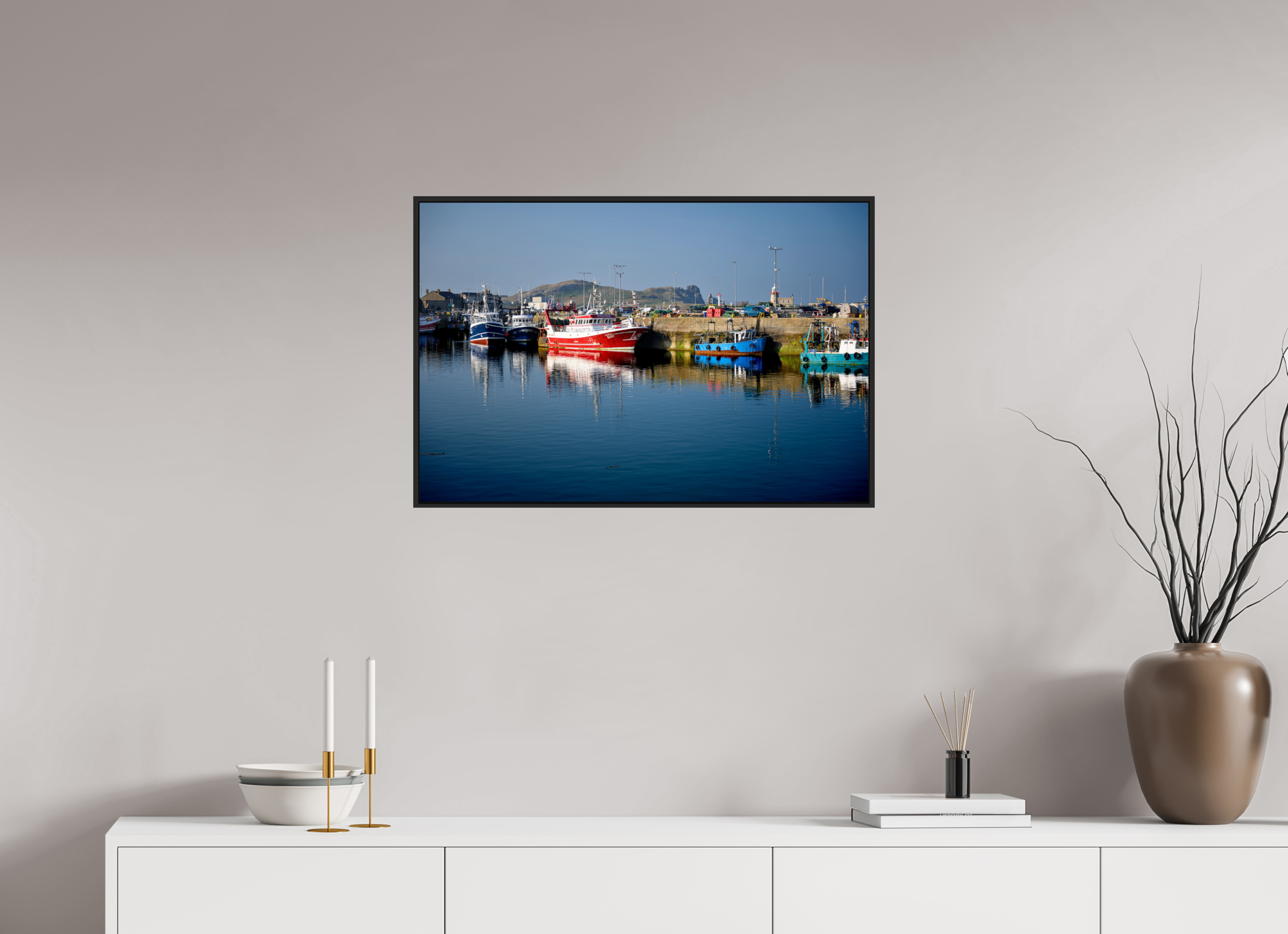 30 x 20″, Acrylic Glass Black matt .24" frame Fishing vessels at Howth Harbour Middle Pier under acrylic glass with black frame