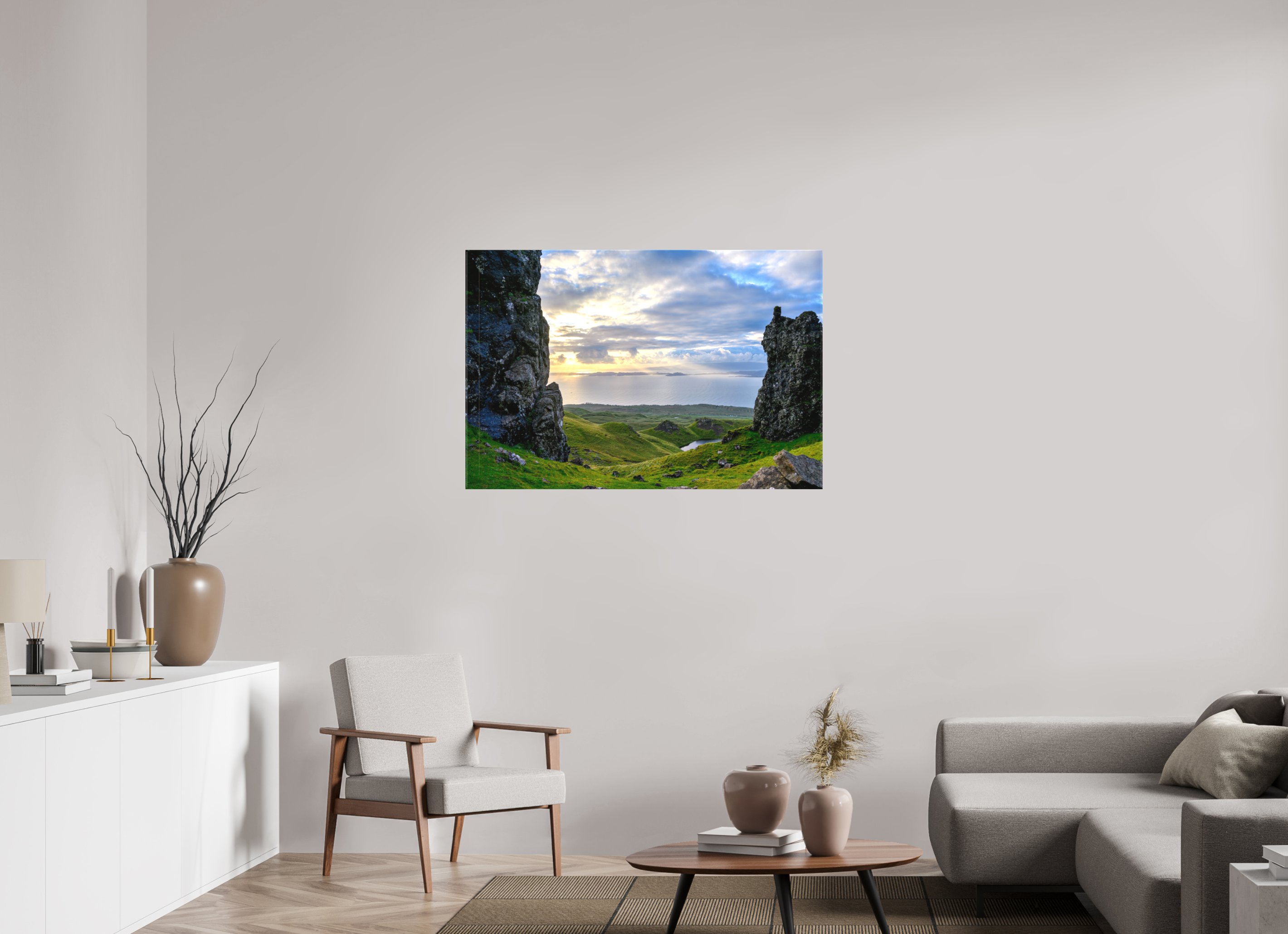 45 x 30″, Matte Canvas with wrapped edges - no frame Peering through columns at the Old Man of Storr on canvas